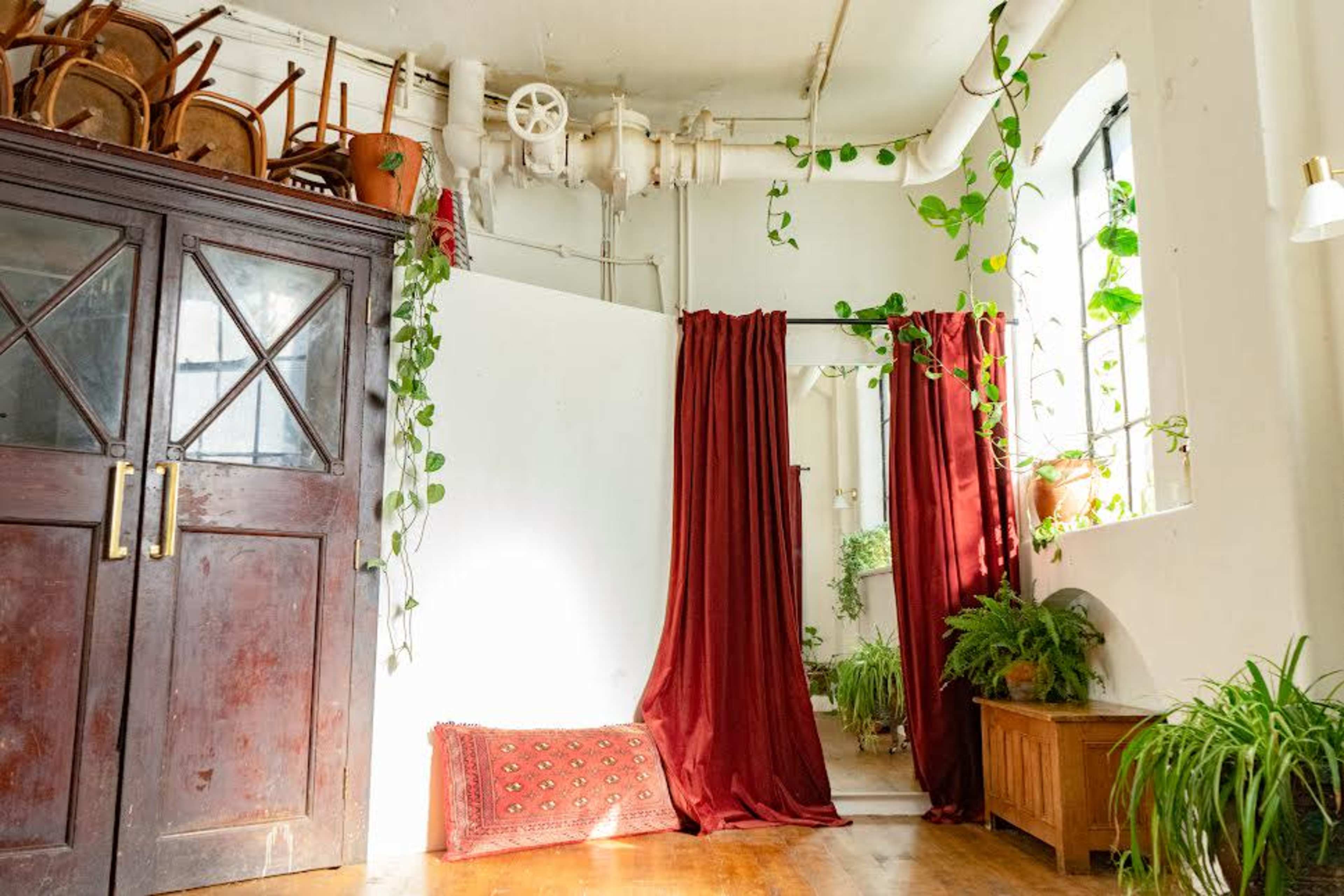 The image shows a bright room with wooden flooring, featuring a dark wooden cabinet, red curtains, a mirror, and several plants adorning the walls.