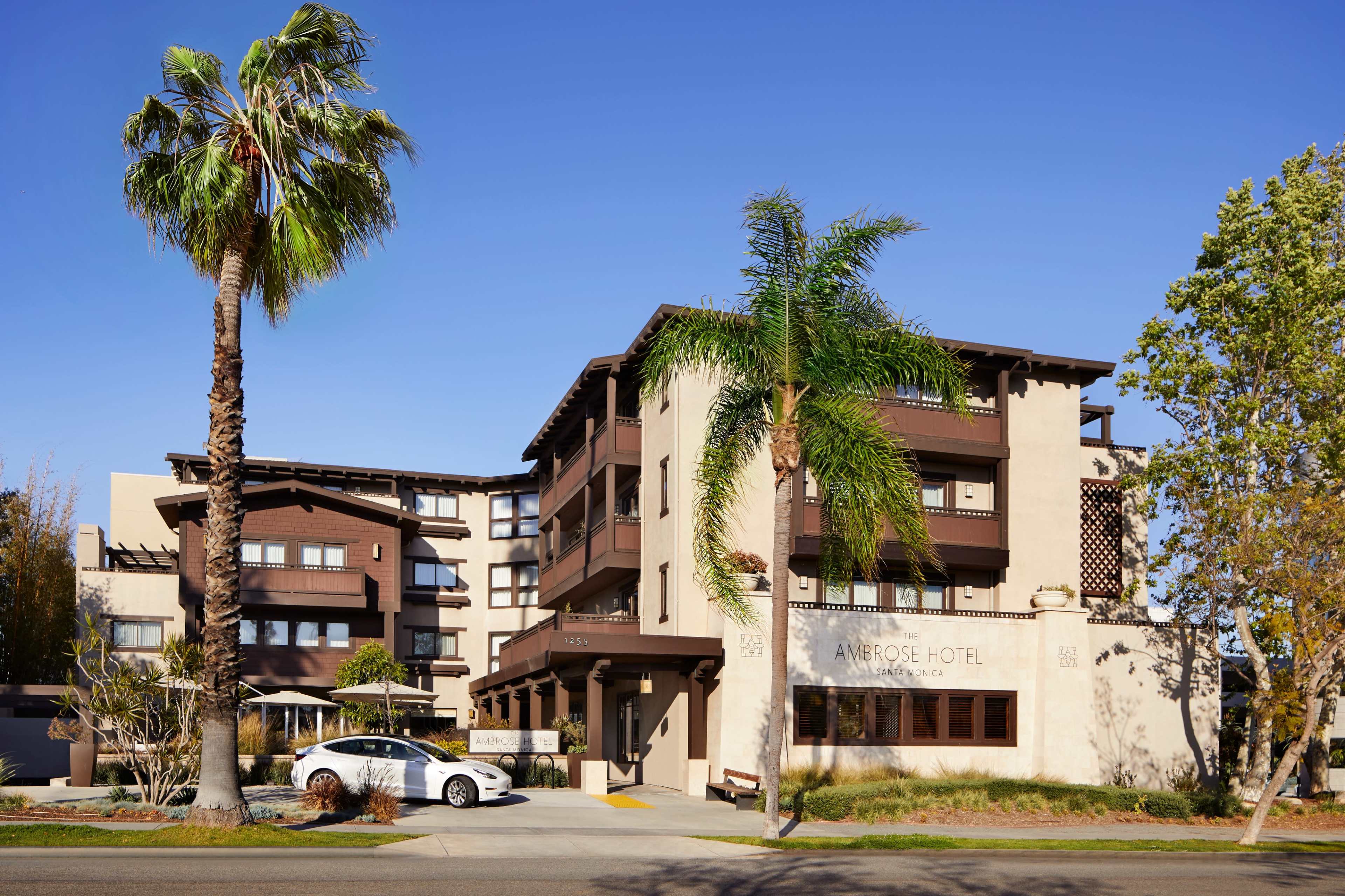 The exterior of the Ambrose Hotel, a three-story building surrounded by palm trees and greenery.