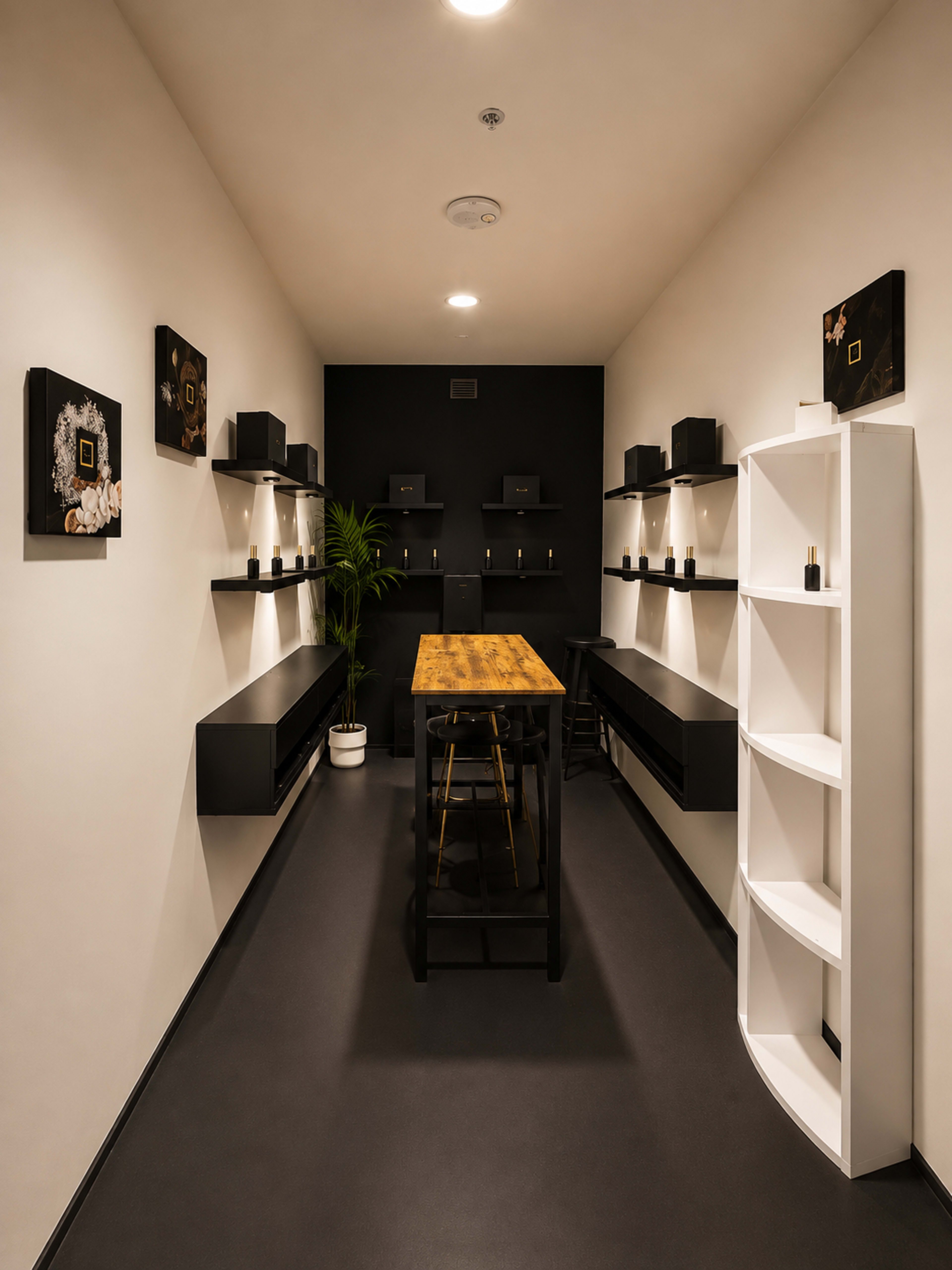 The image shows a minimalist interior of a room featuring a long wooden table, black and white shelves, and decorative wall art.