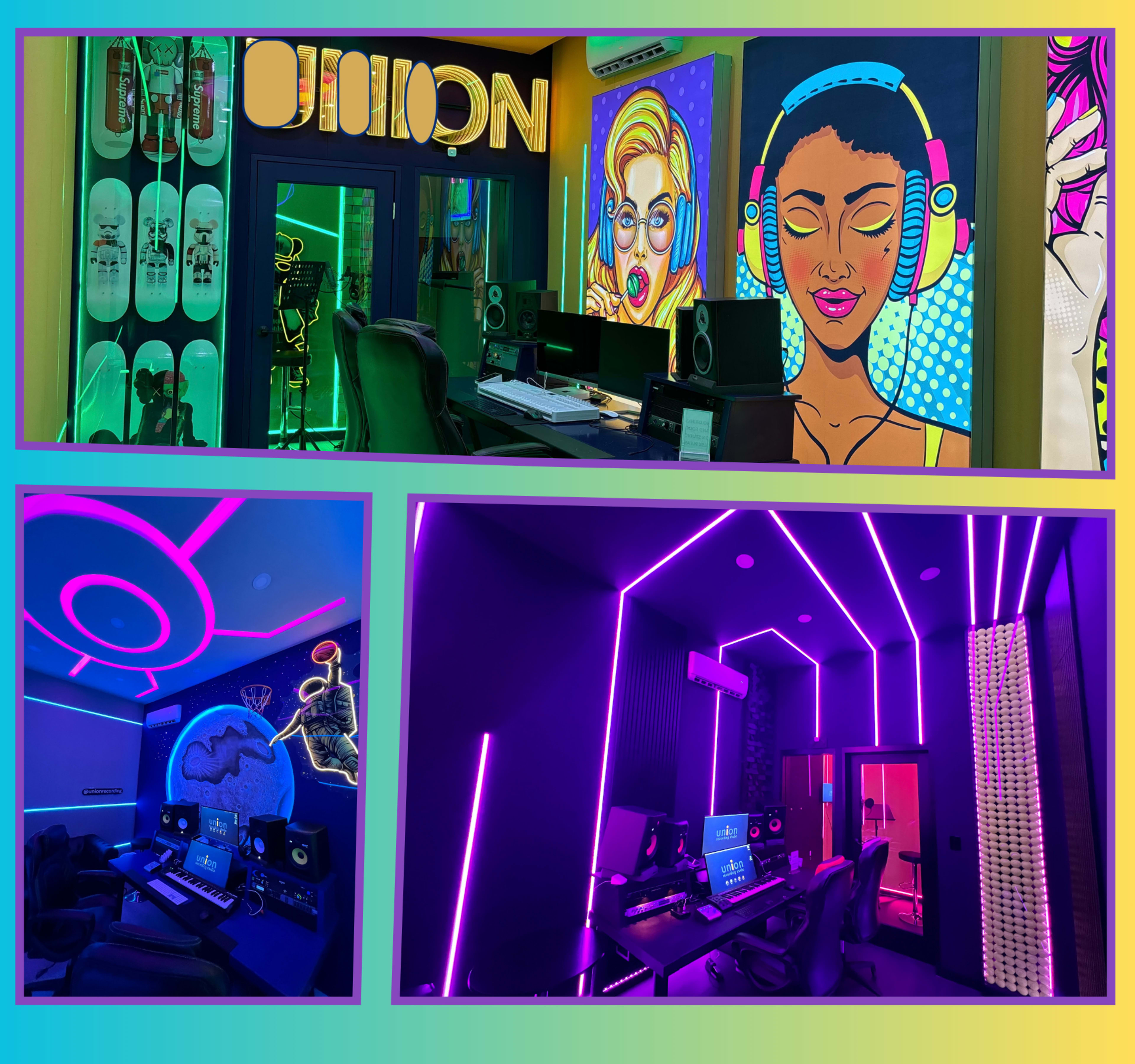 The image showcases a vibrant music studio featuring neon lighting, wall murals, and sound equipment arranged in two distinct rooms.