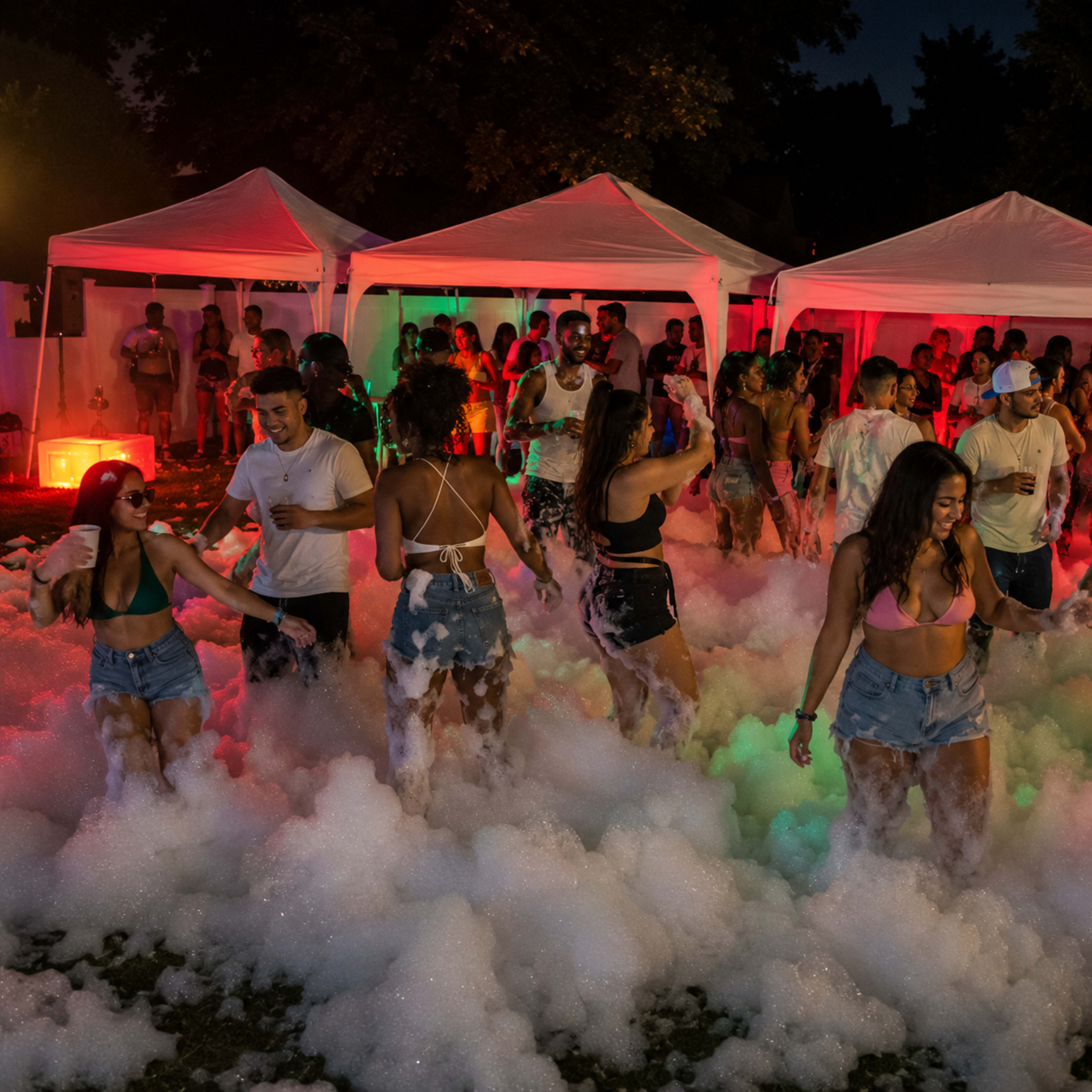 A crowd enjoys a foam party under colorful lighting with white tents in the background.
