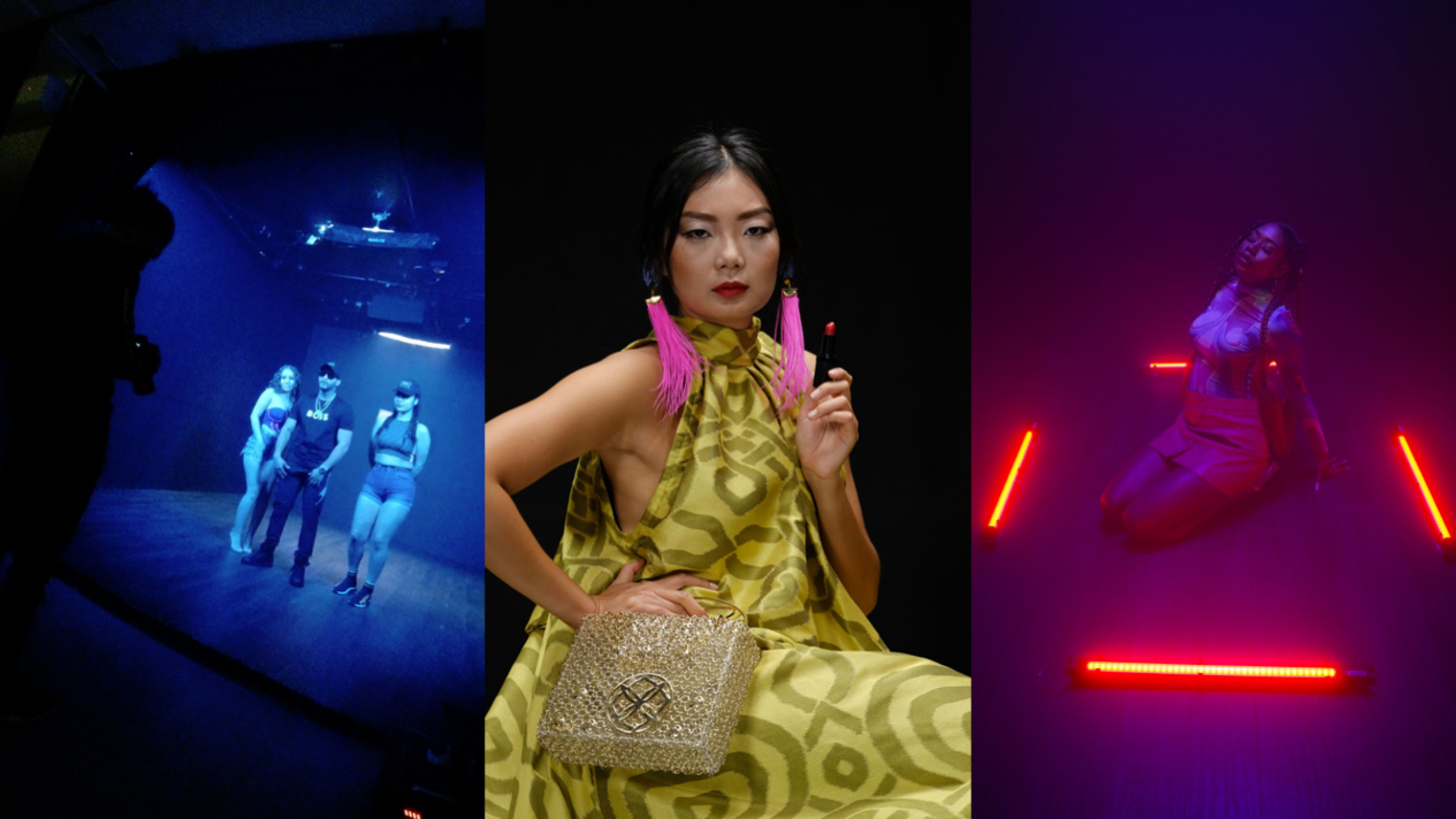 Three distinct scenes: a dimly lit studio setting with models posing, a woman in a patterned dress holding a shiny purse, and another woman sitting amidst glowing red lights.