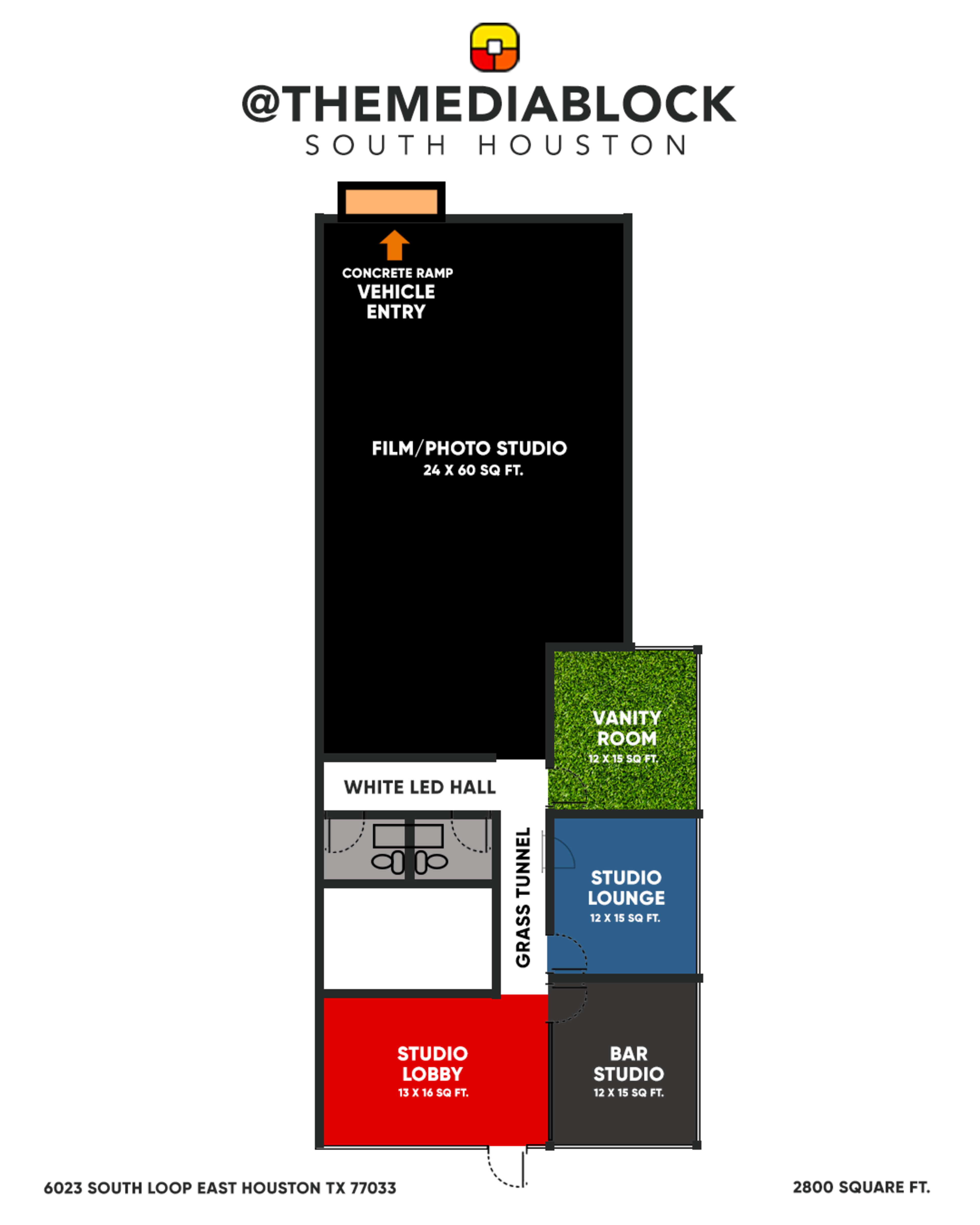 A floor plan of a facility titled "@THEMEDIABLOCK" in South Houston, detailing various areas such as a film/photo studio, lobby, lounge, and bar studio.