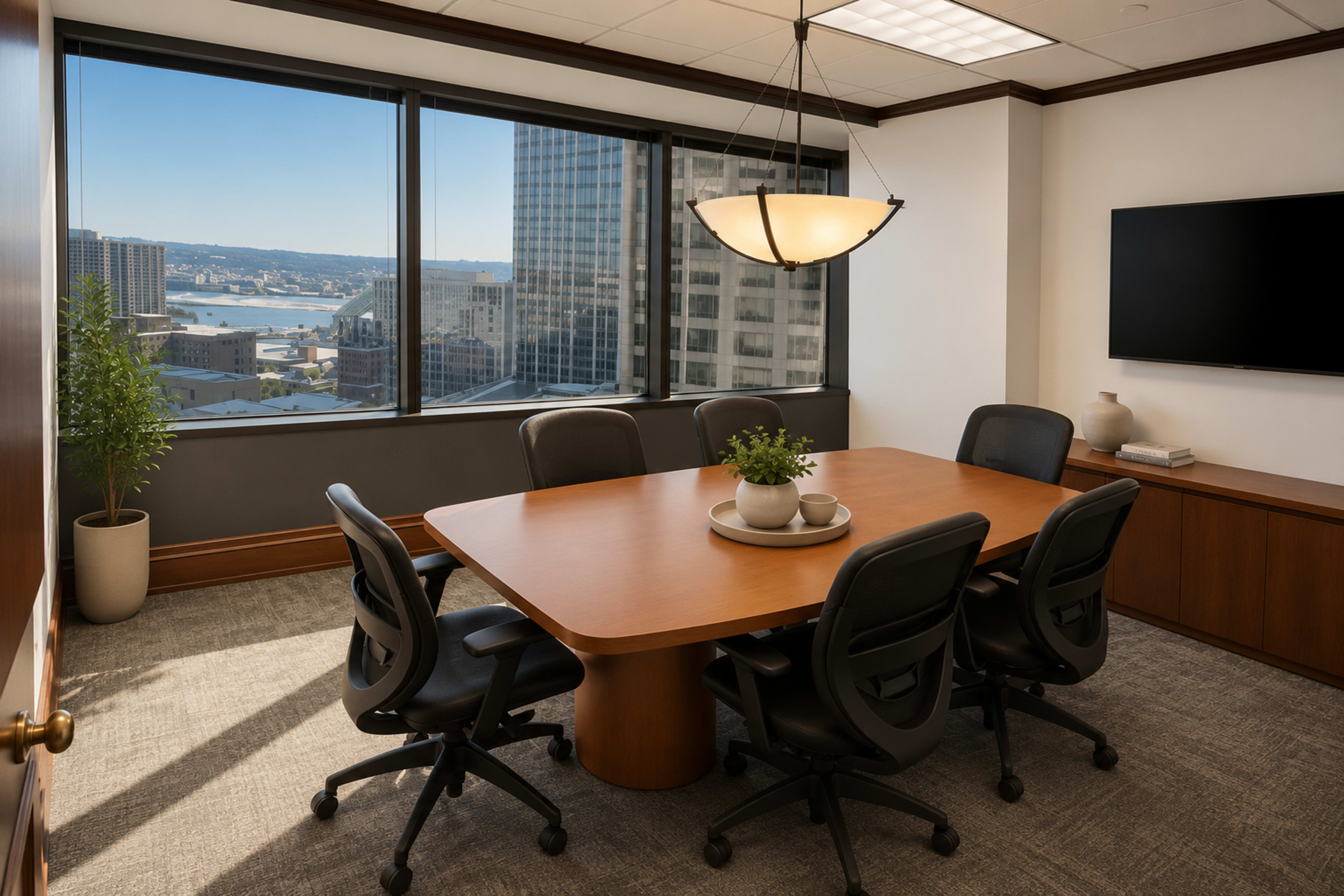 A modern conference room features a oval wooden table surrounded by black chairs, with large windows offering a view of a cityscape and water.