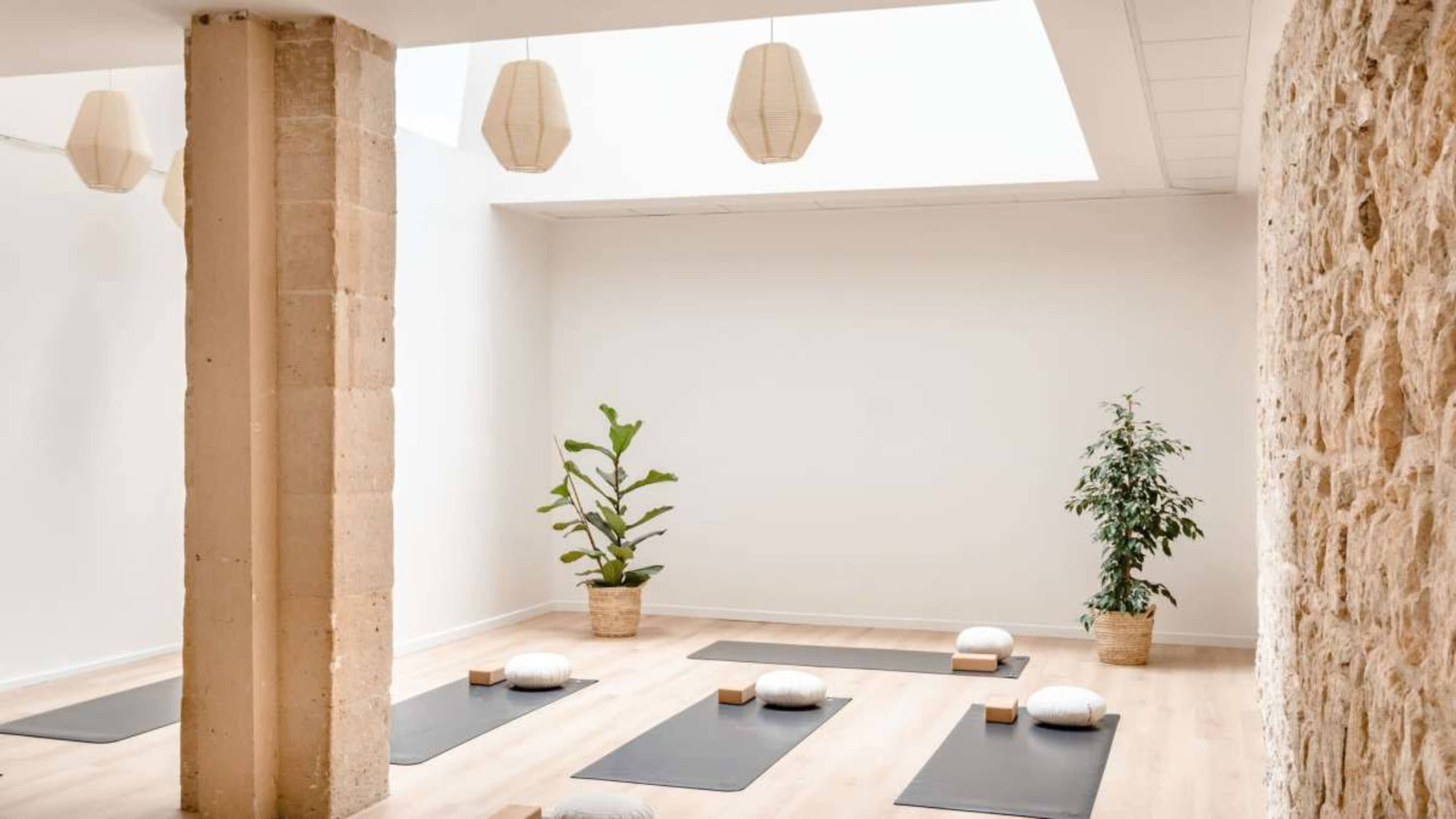 The image shows a serene yoga studio with mats laid out on the wooden floor, potted plants in the corners, and soft lighting from hanging lanterns and a skylight.