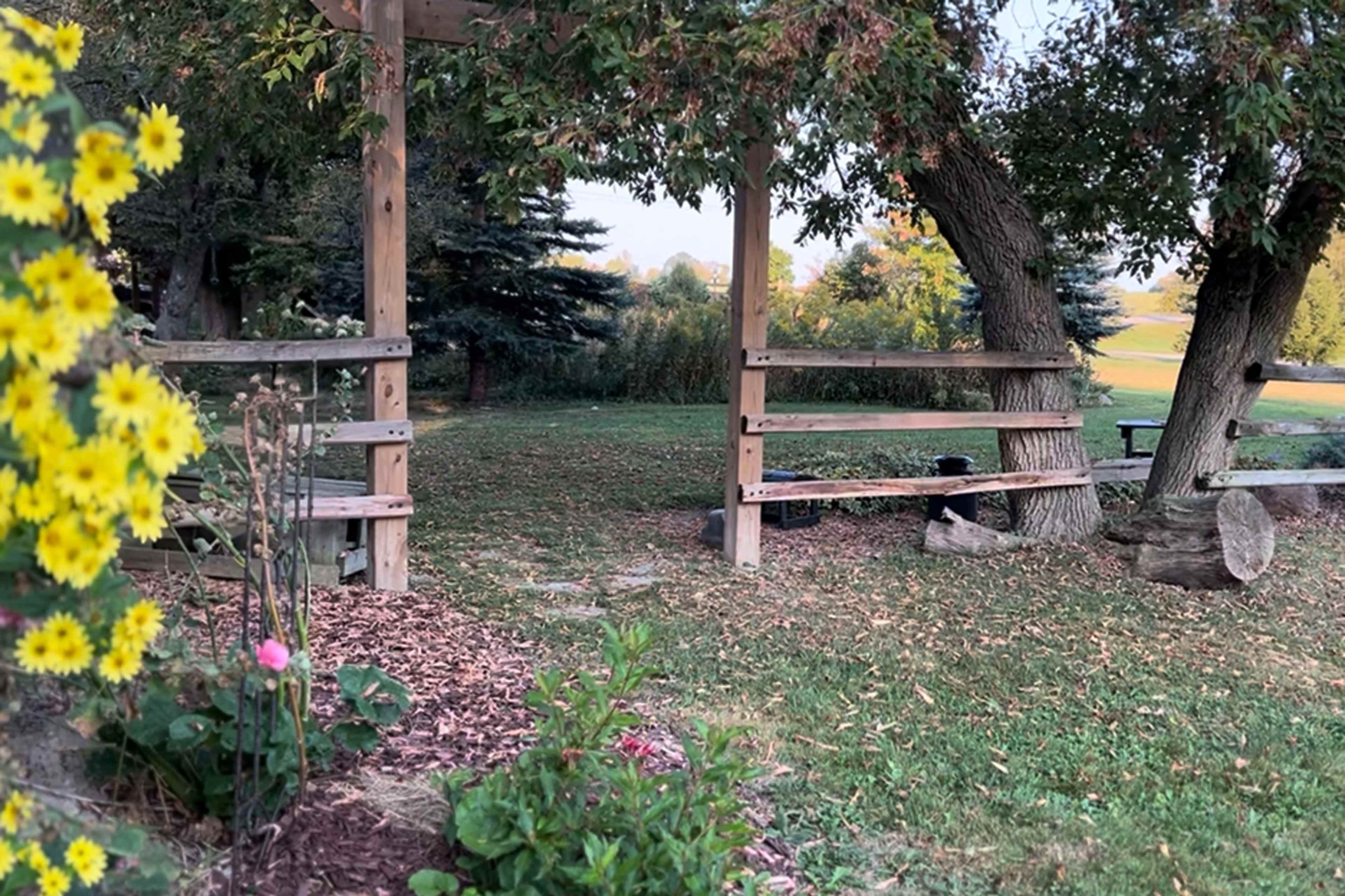 A wooden pergola with two horizontal benches is situated in a garden surrounded by greenery and flowers.