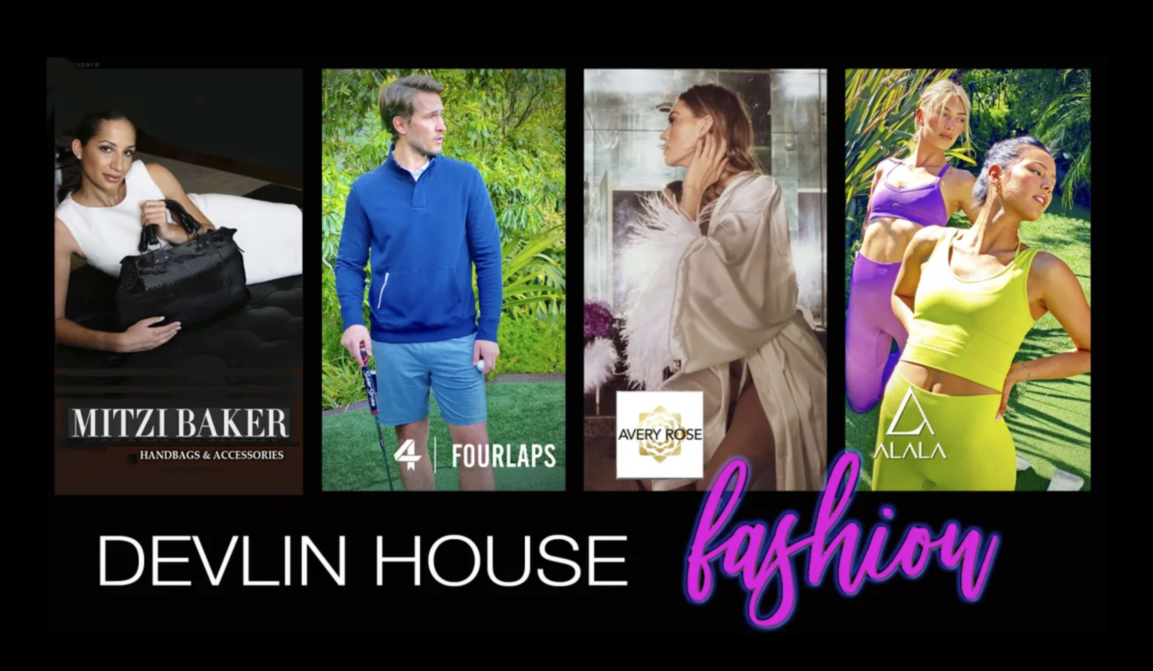 A promotional layout for "Devlin House Fashion," showcasing four individuals in various clothing styles beside brand names.