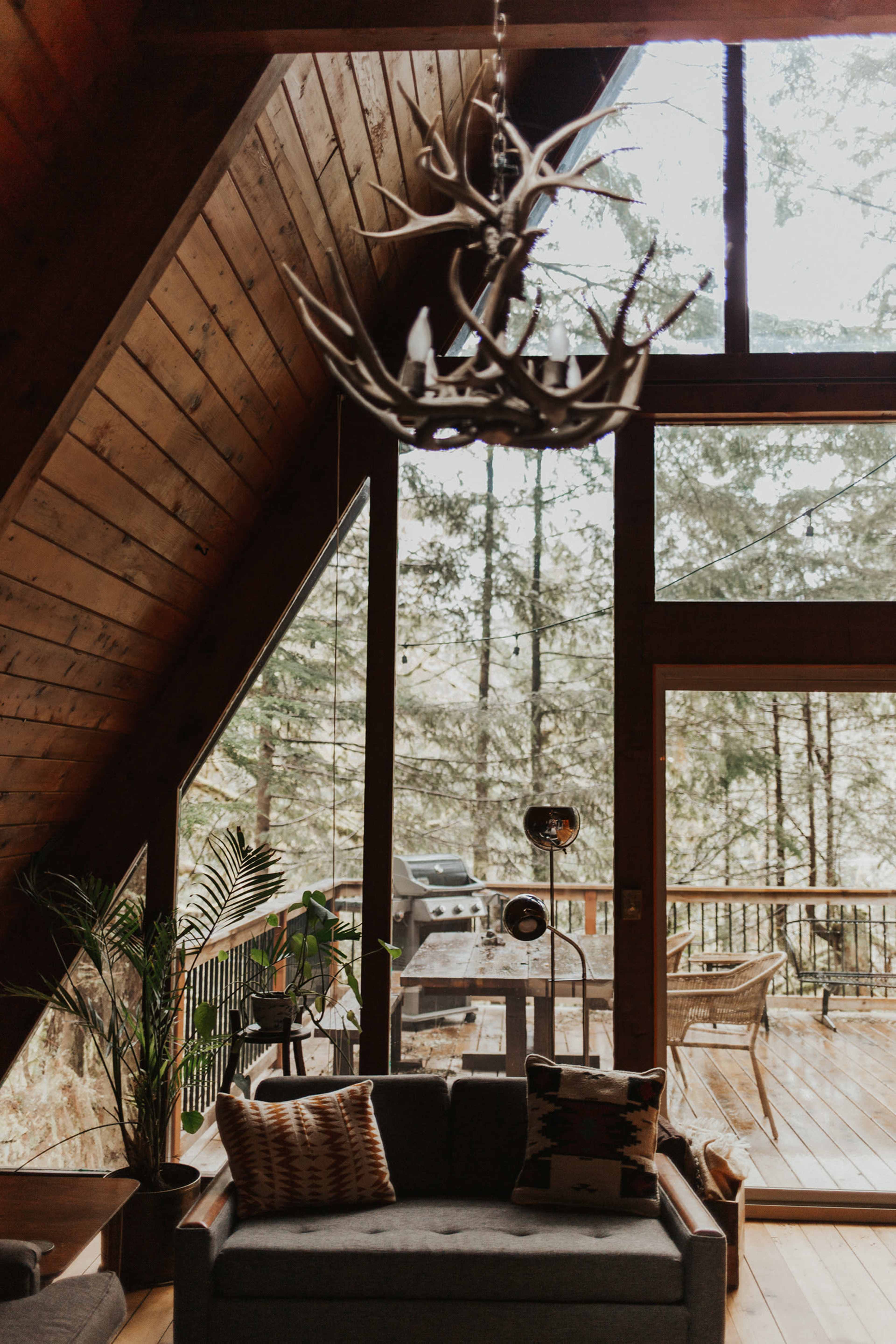The image shows a cozy cabin living area with large windows overlooking a forest, featuring a chandelier made of antlers and a gray sofa.