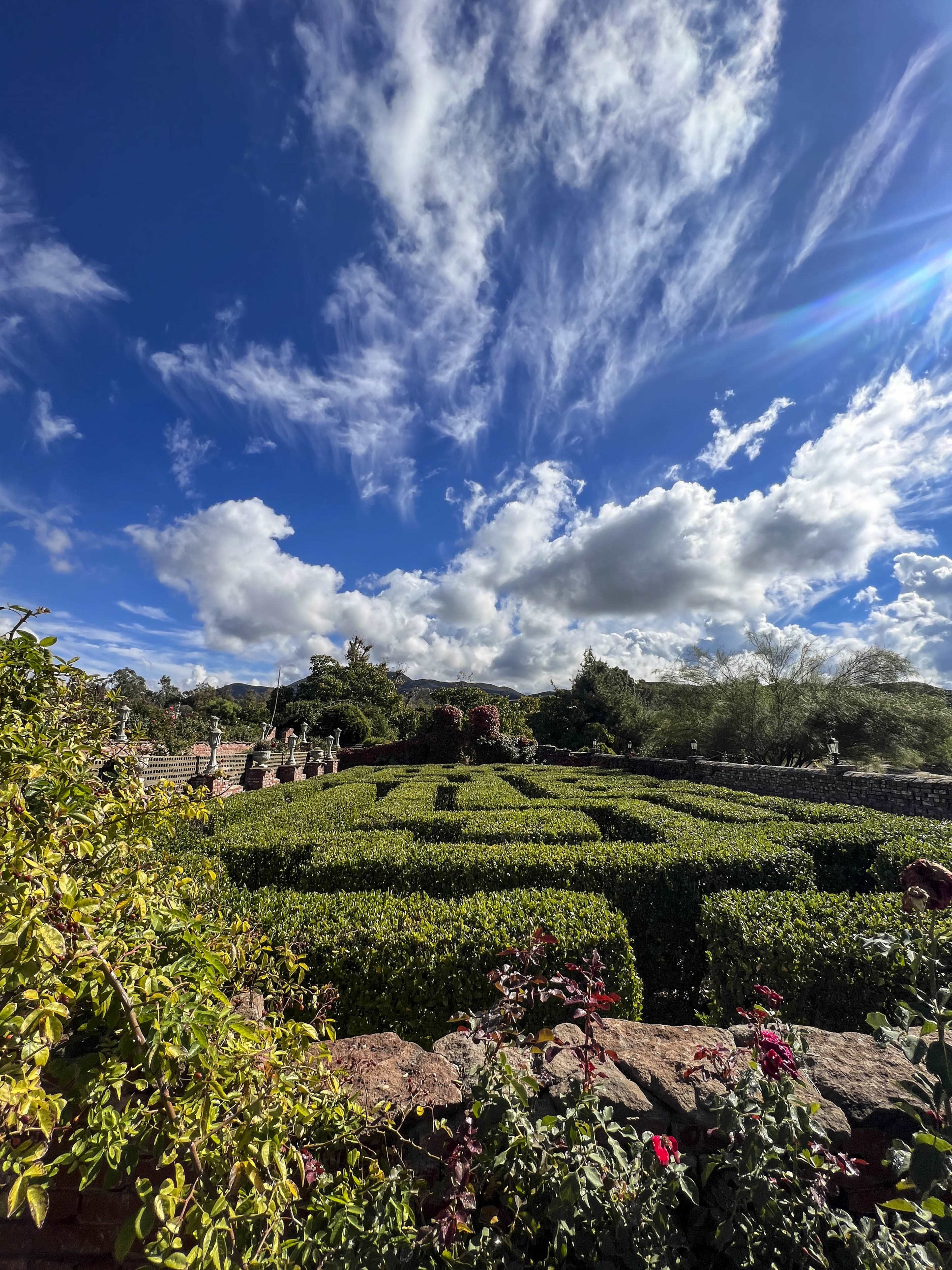 The image shows a neatly trimmed hedge maze set against a backdrop of a blue sky filled with scattered clouds.