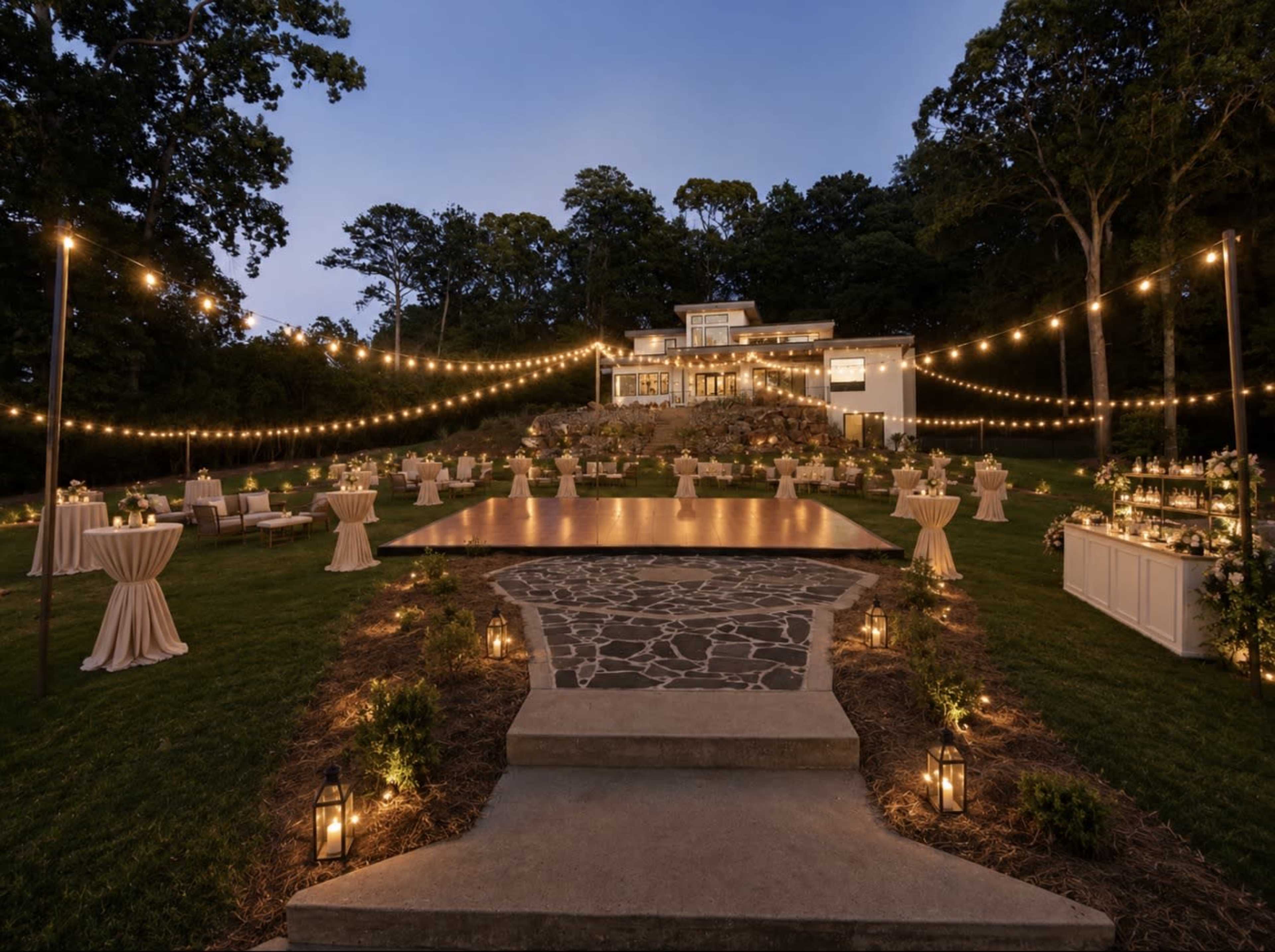The image depicts a landscaped outdoor area at dusk with string lights overhead, a dance floor, and tables arranged for an event near a well-lit house surrounded by trees.