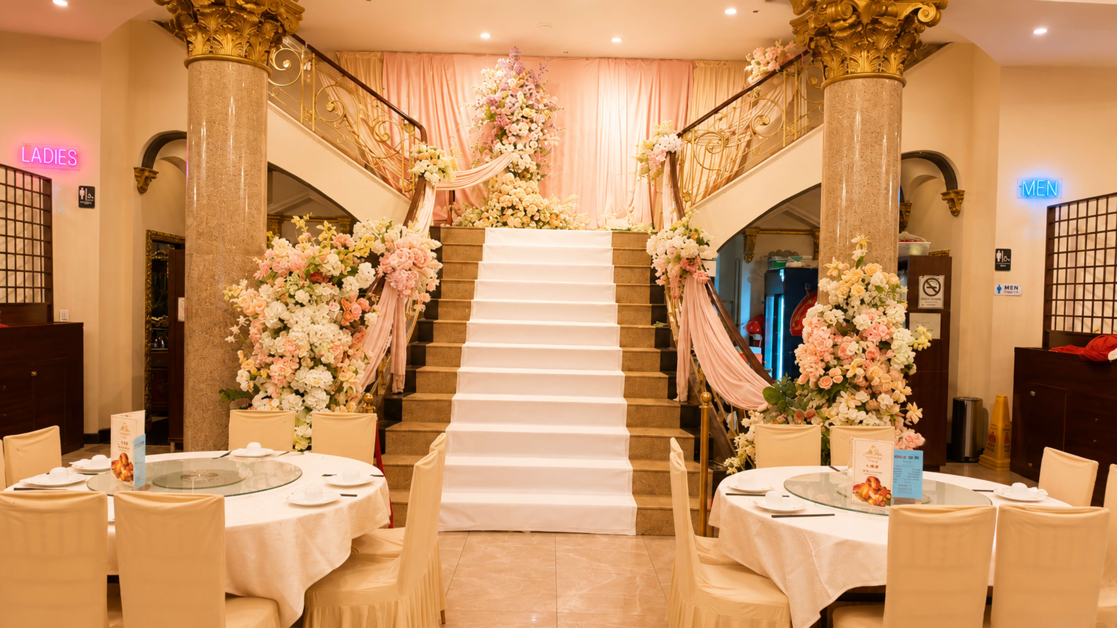 The image shows an elegantly decorated banquet hall with a grand staircase adorned with floral arrangements and a backdrop of draped fabric.