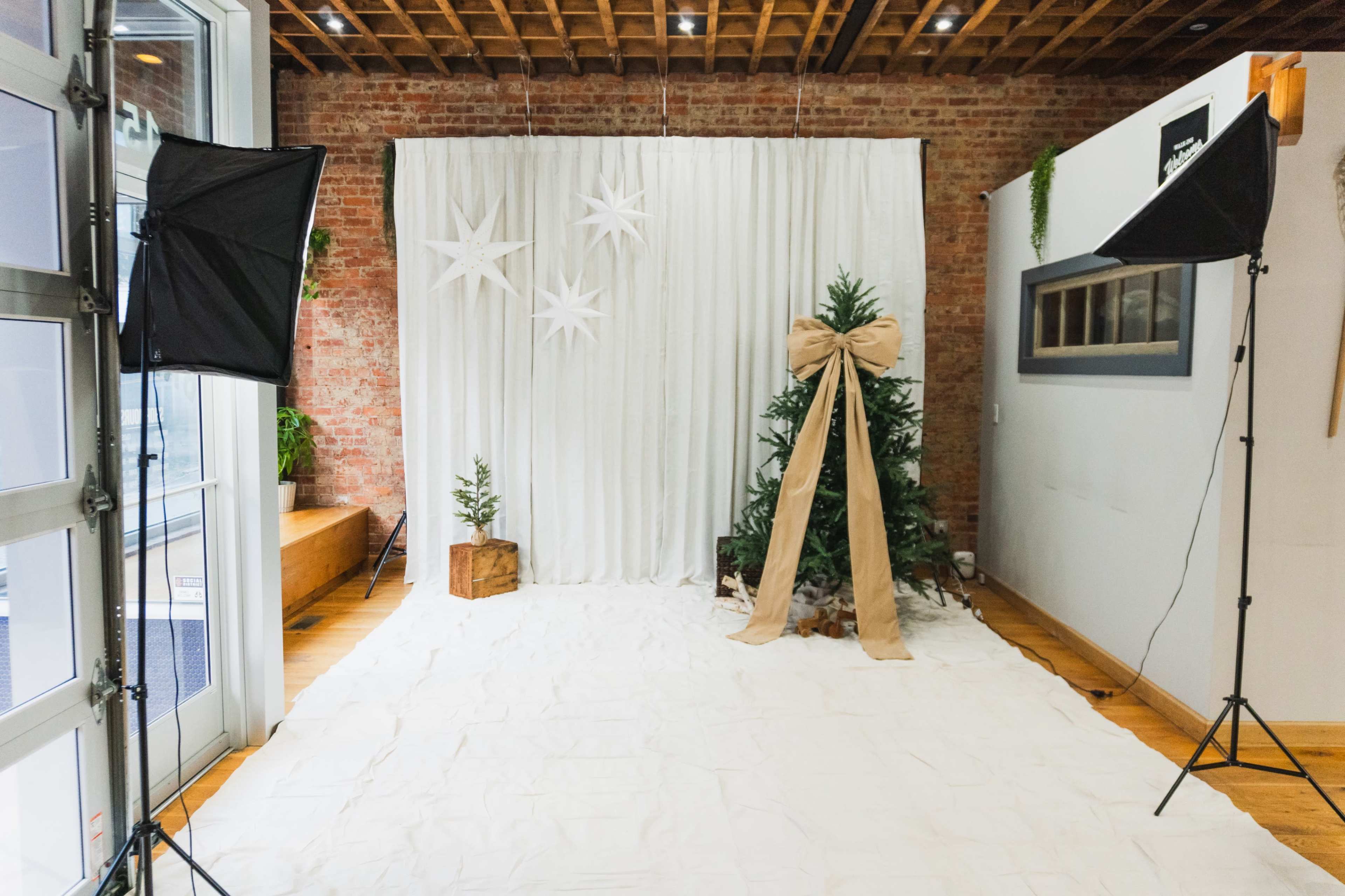 A photography setup features a white backdrop with stars, a decorated Christmas tree, and two studio lights positioned on either side.