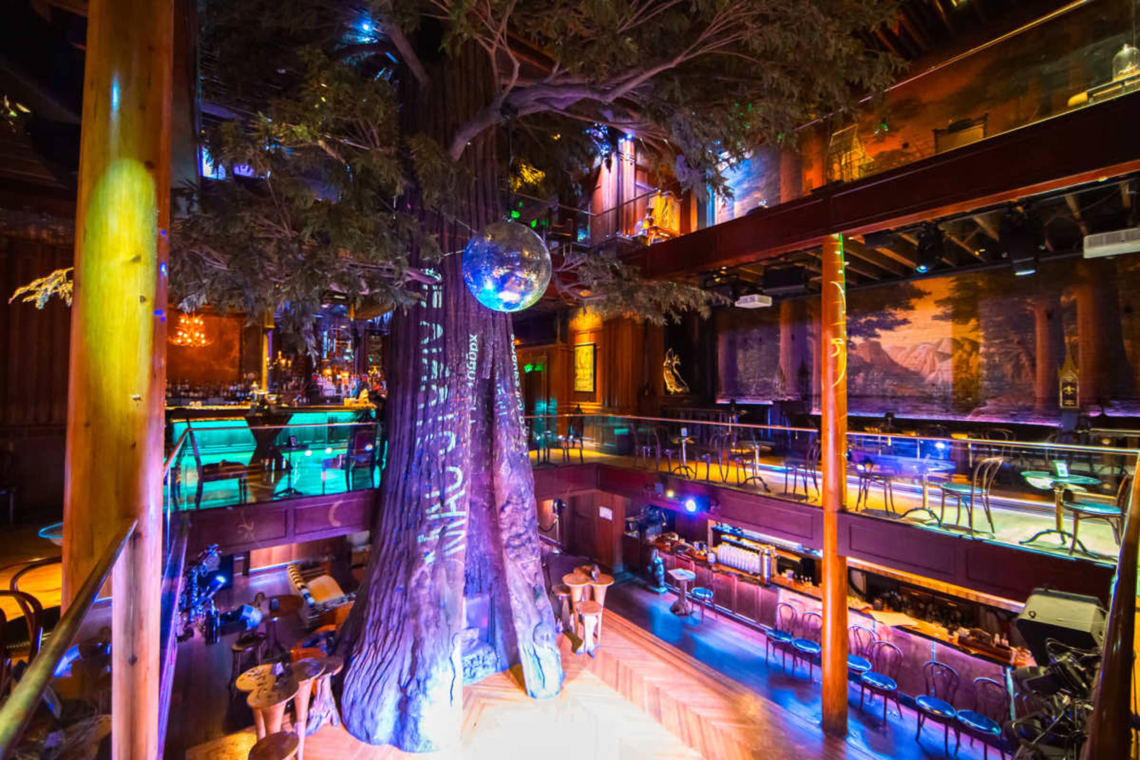 The image shows a lively interior of a venue featuring a large artificial tree and a disco ball, surrounded by seating areas and a well-lit bar.