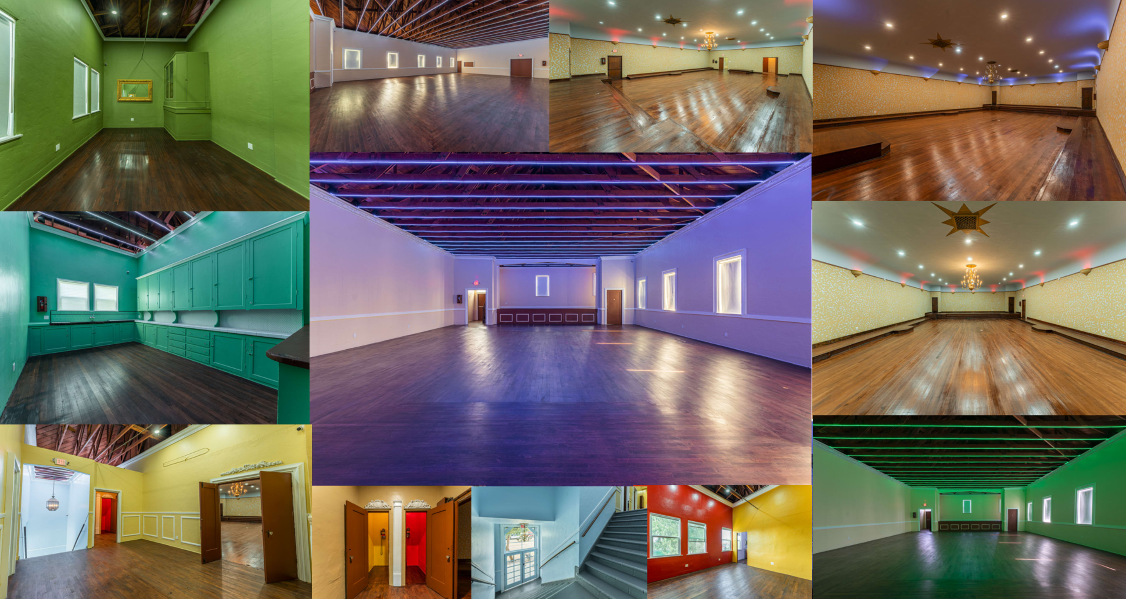 A collage of various interior spaces with hardwood floors, brightly colored walls, and multiple lighting arrangements.