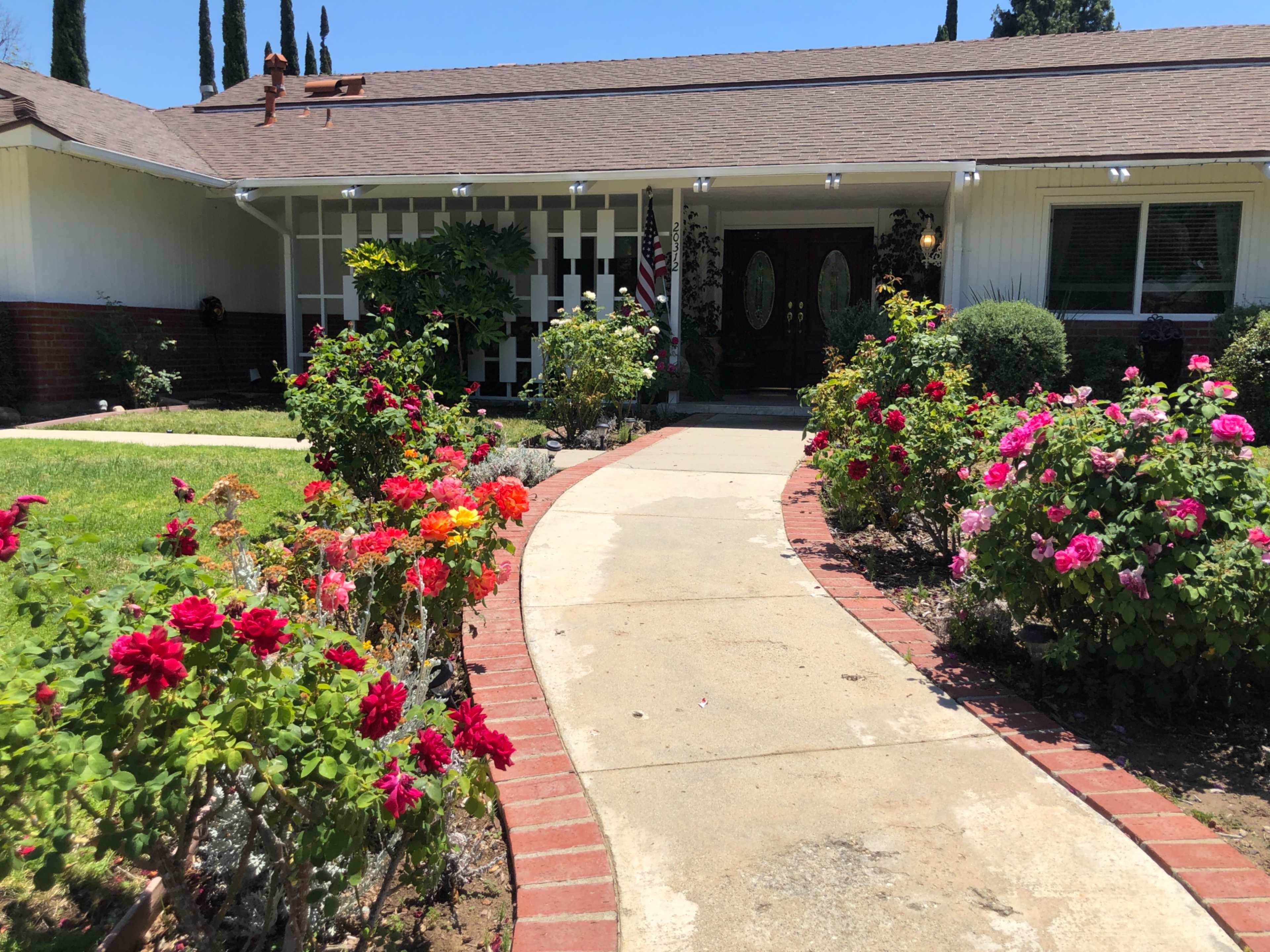 A curved concrete pathway lined with colorful flowers leads to the entrance of a single-story house with a front porch.