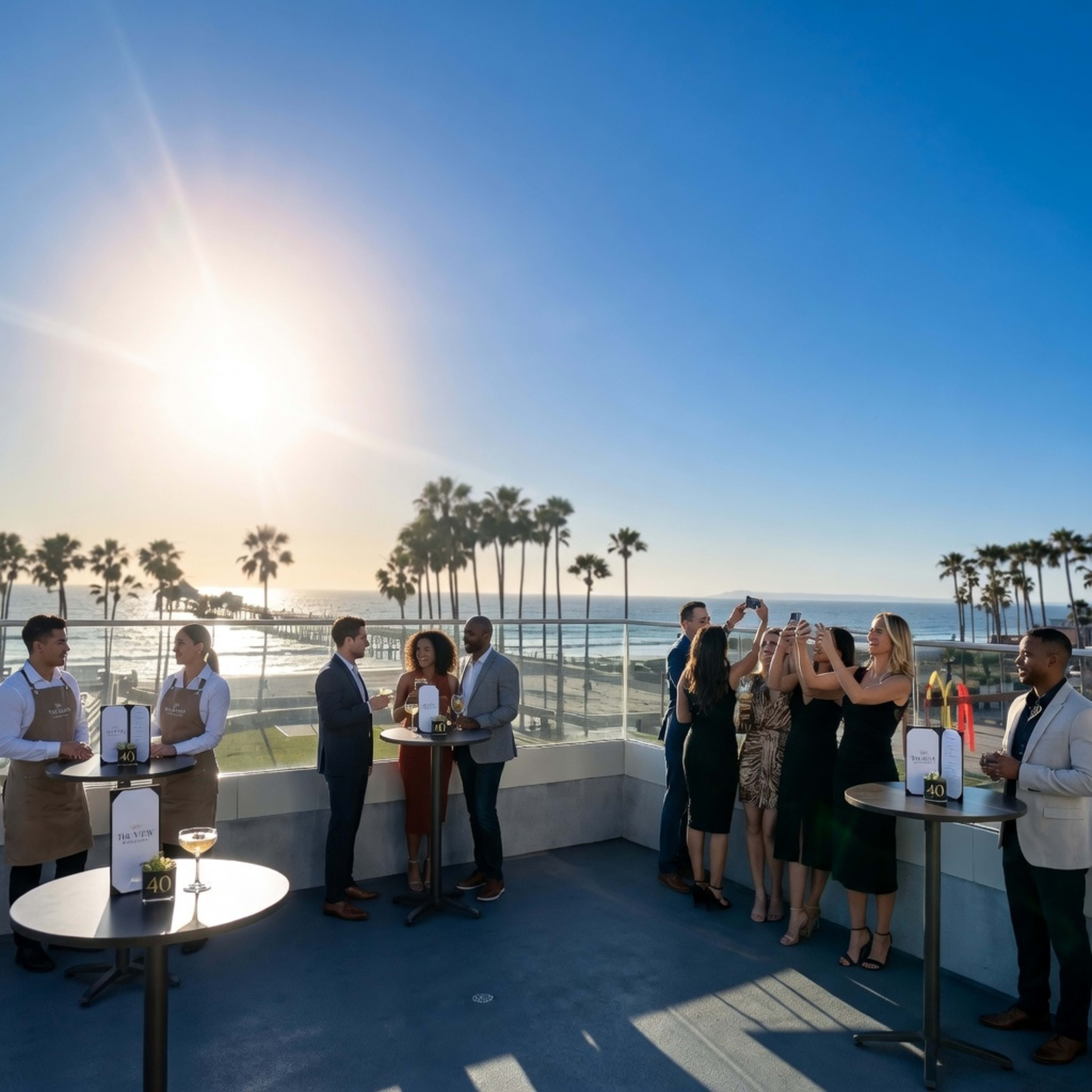A group of elegantly dressed people socialize with drinks on a rooftop terrace overlooking a beach at sunset.