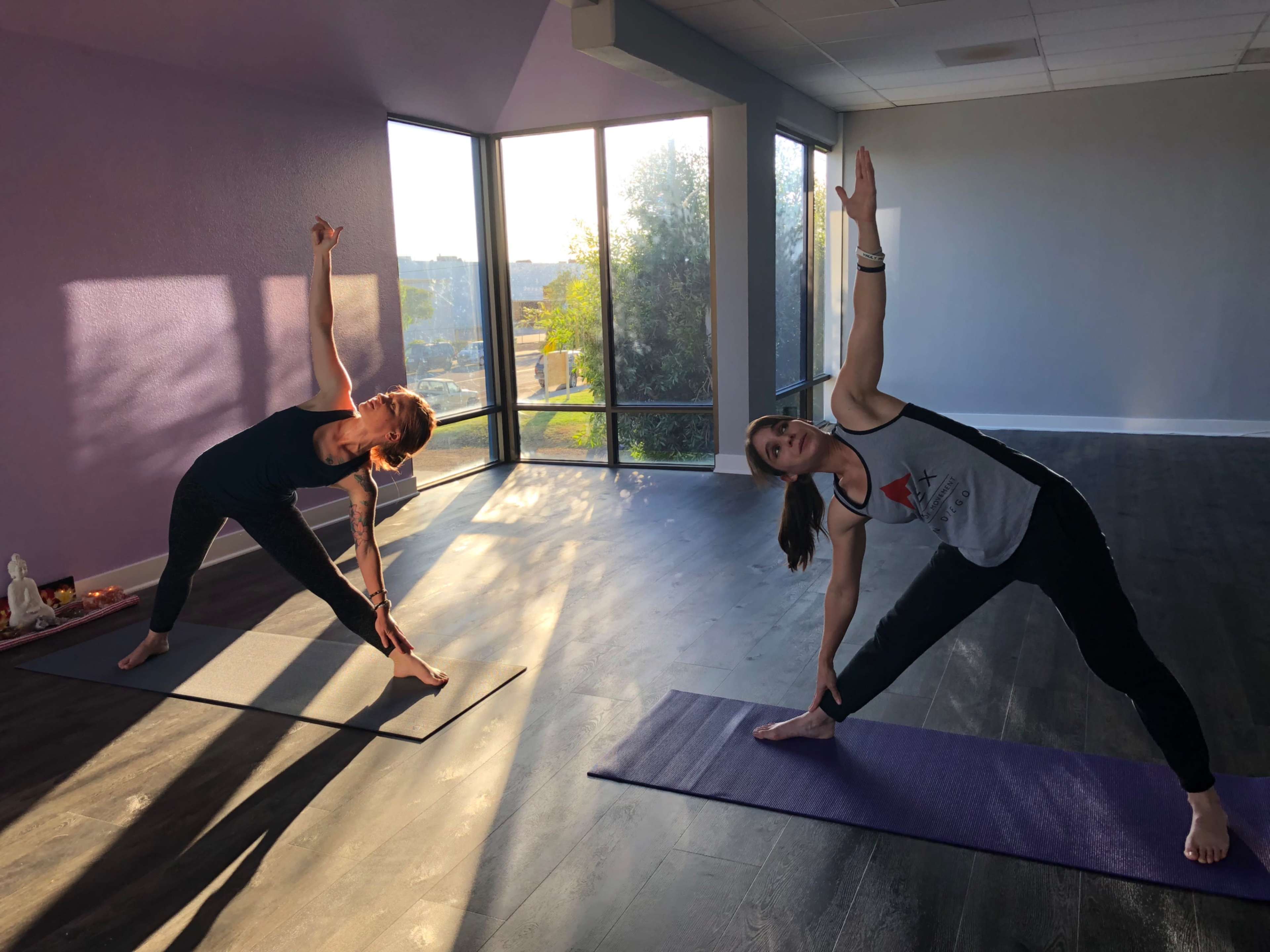 Two women are practicing yoga poses on mats in a sunlit studio with large windows.