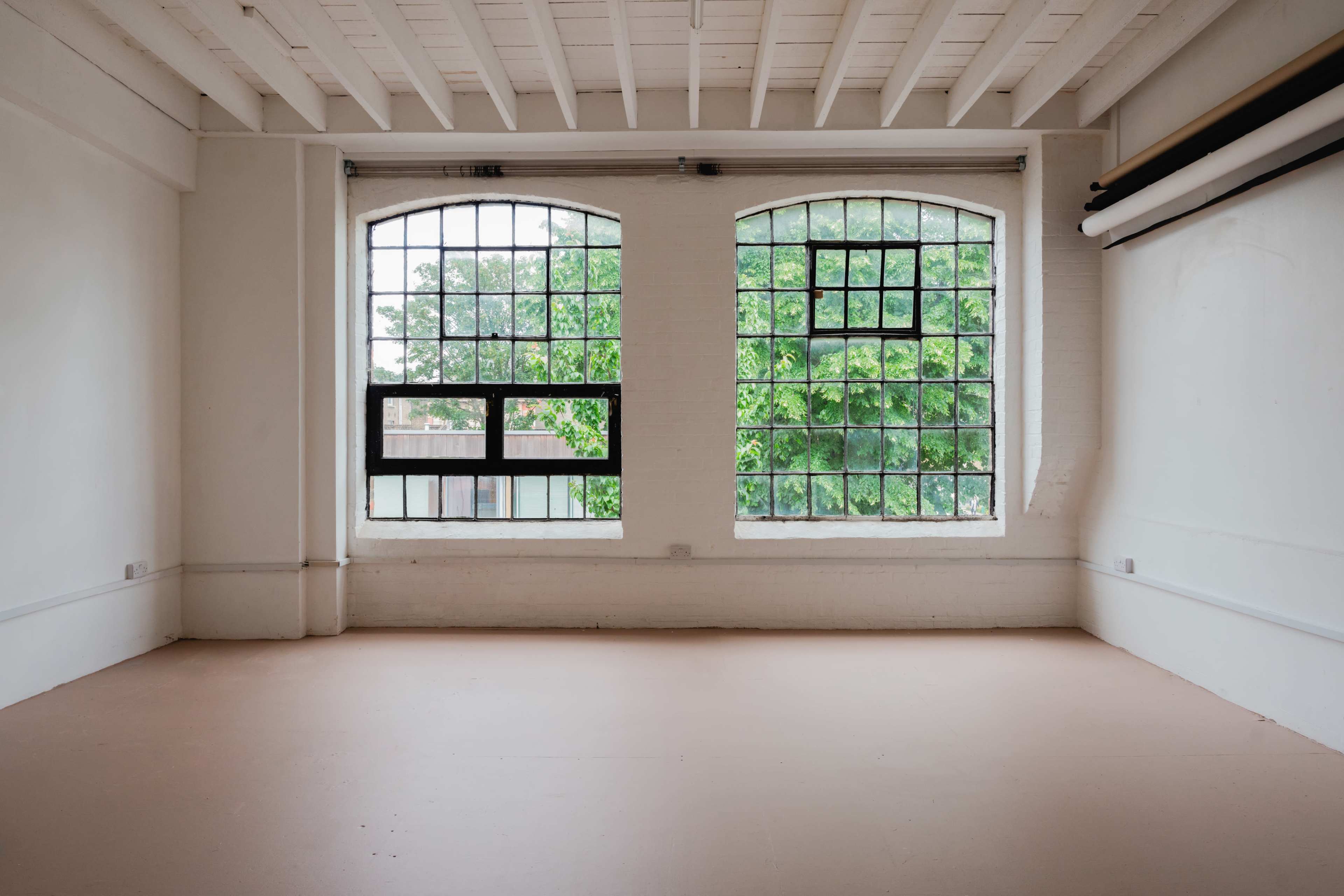 A spacious, empty room with two large windows revealing greenery outside.