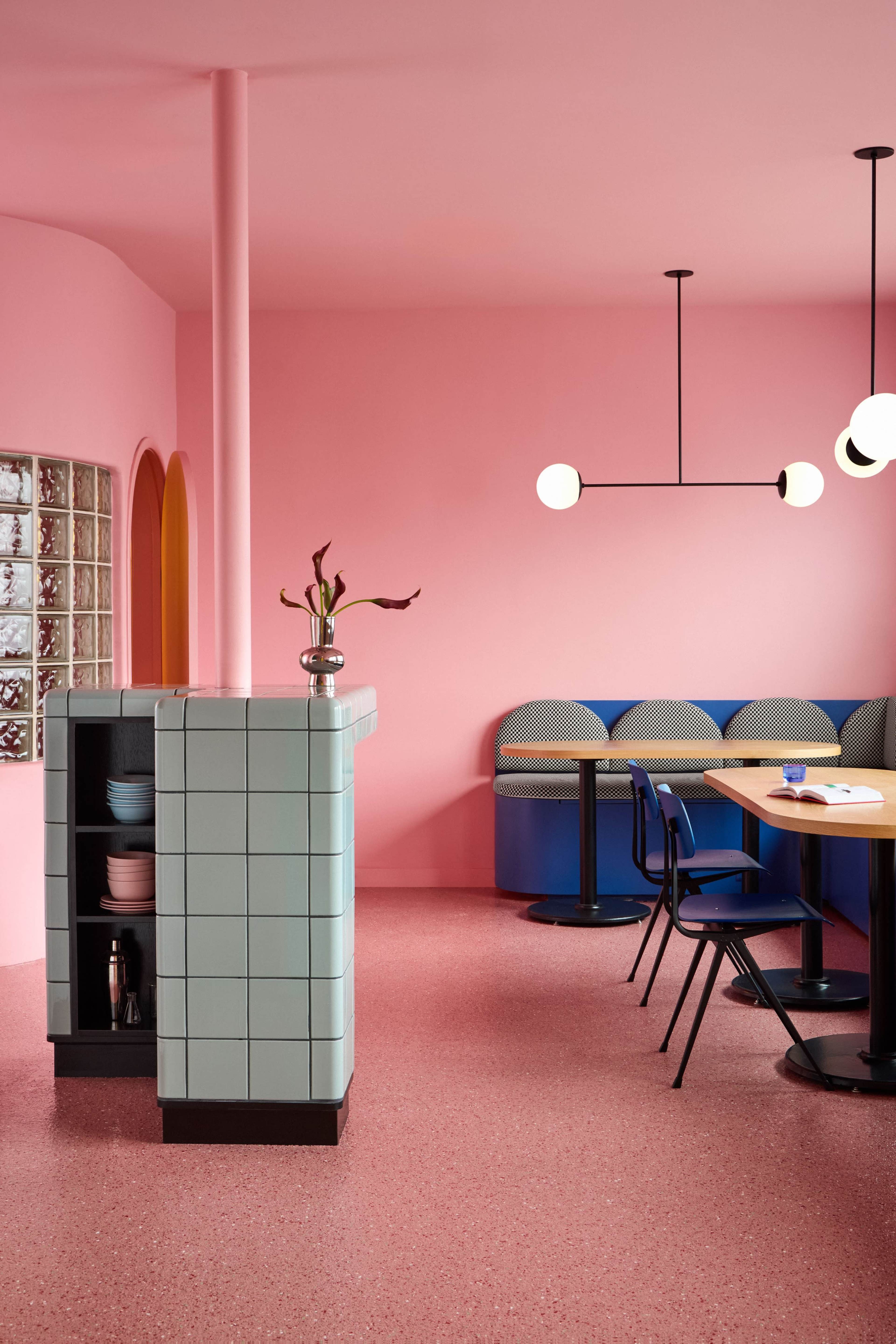 Surreal Pink Lounge with Mirrored Bathroom Image in Logan Square, Chicago, IL