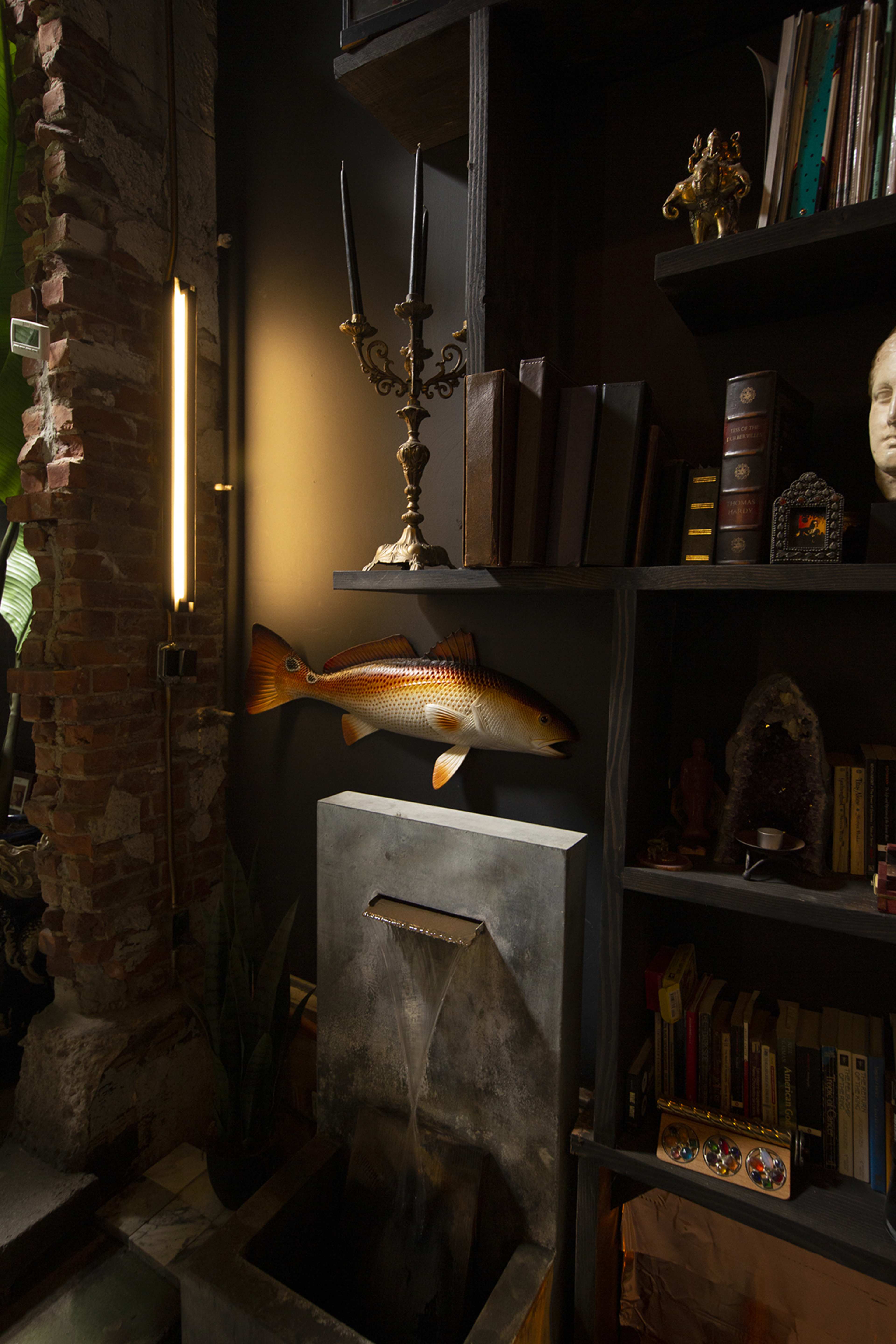 The scene features a bookshelf with various books, a decorative fish mounted on the wall, and a water feature below it, all set against a backdrop of brick and dark paint.