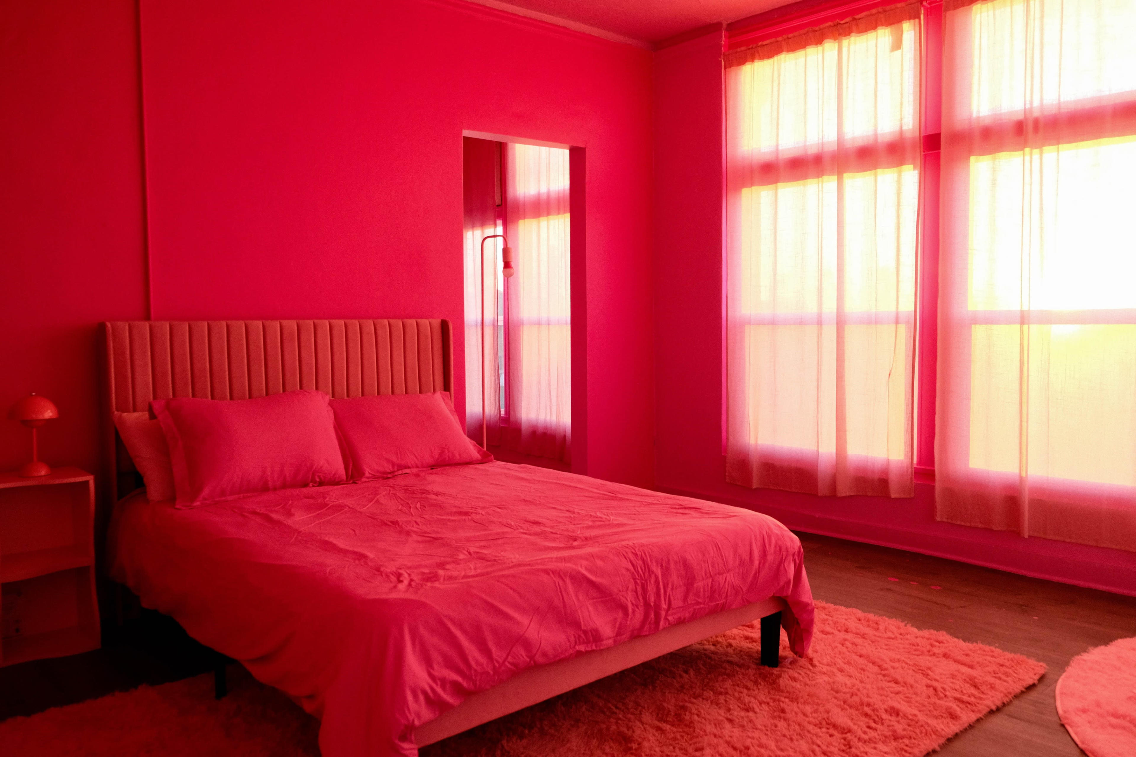 The room features a pink bed with matching pillows and a pink rug, along with large windows dressed in sheer curtains.