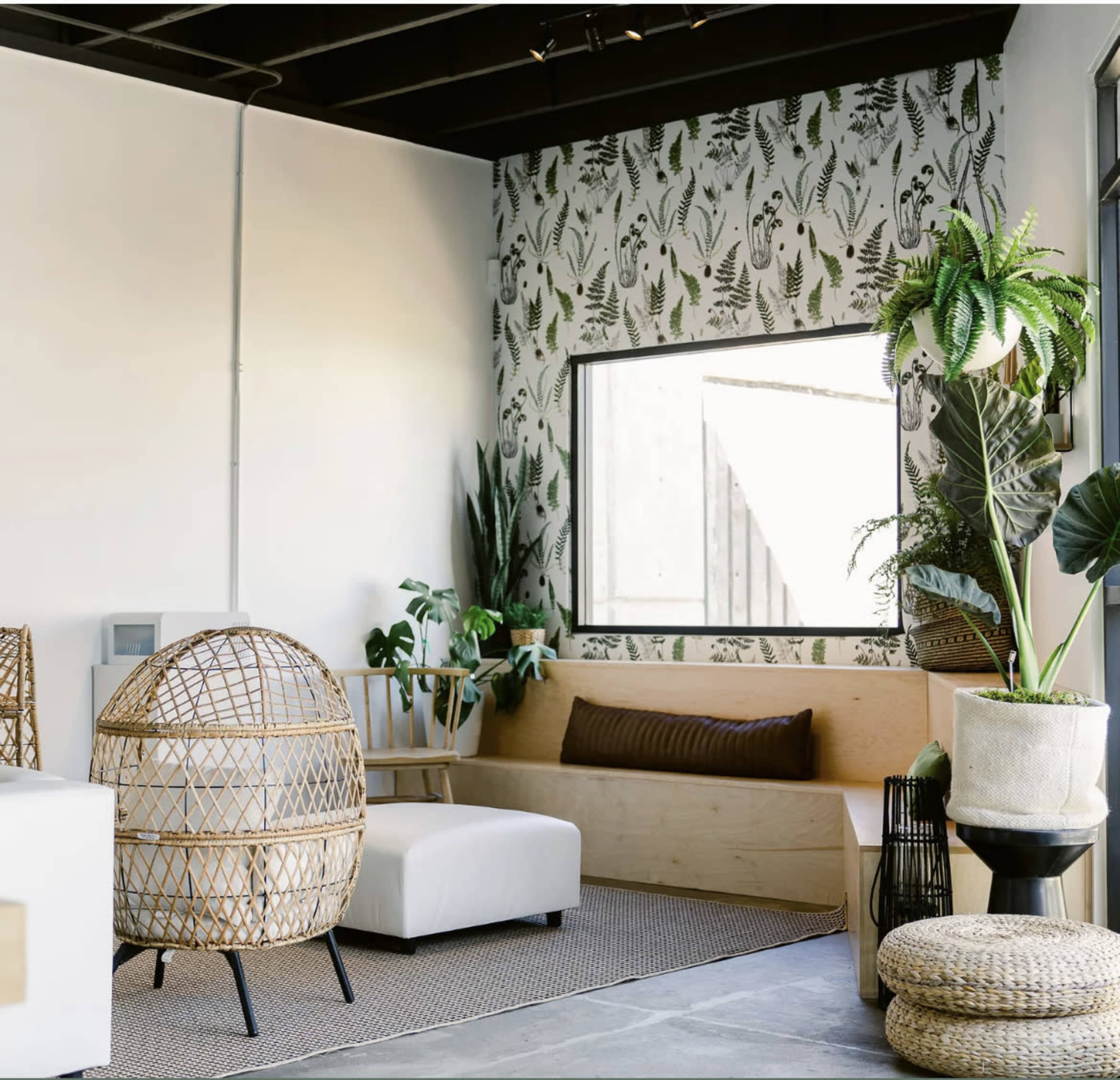 A modern interior space featuring a seating area with a woven chair, a white ottoman, and plants against a patterned wall.
