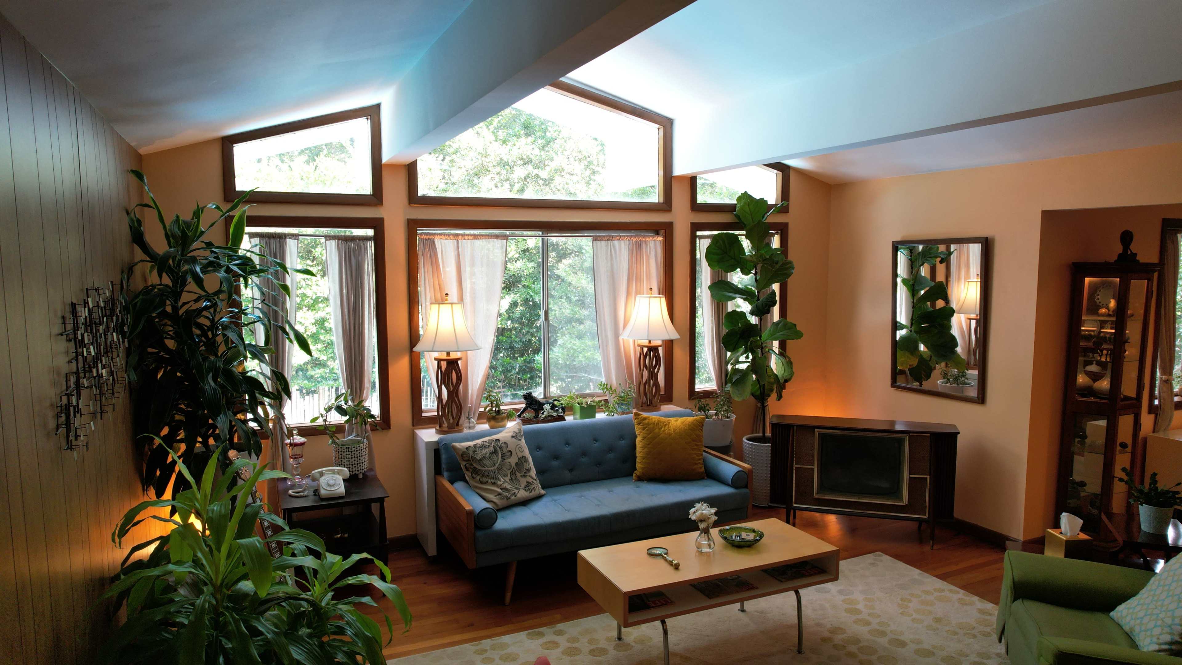 The living room features large windows, a blue sofa with decorative pillows, a coffee table, and several plants.