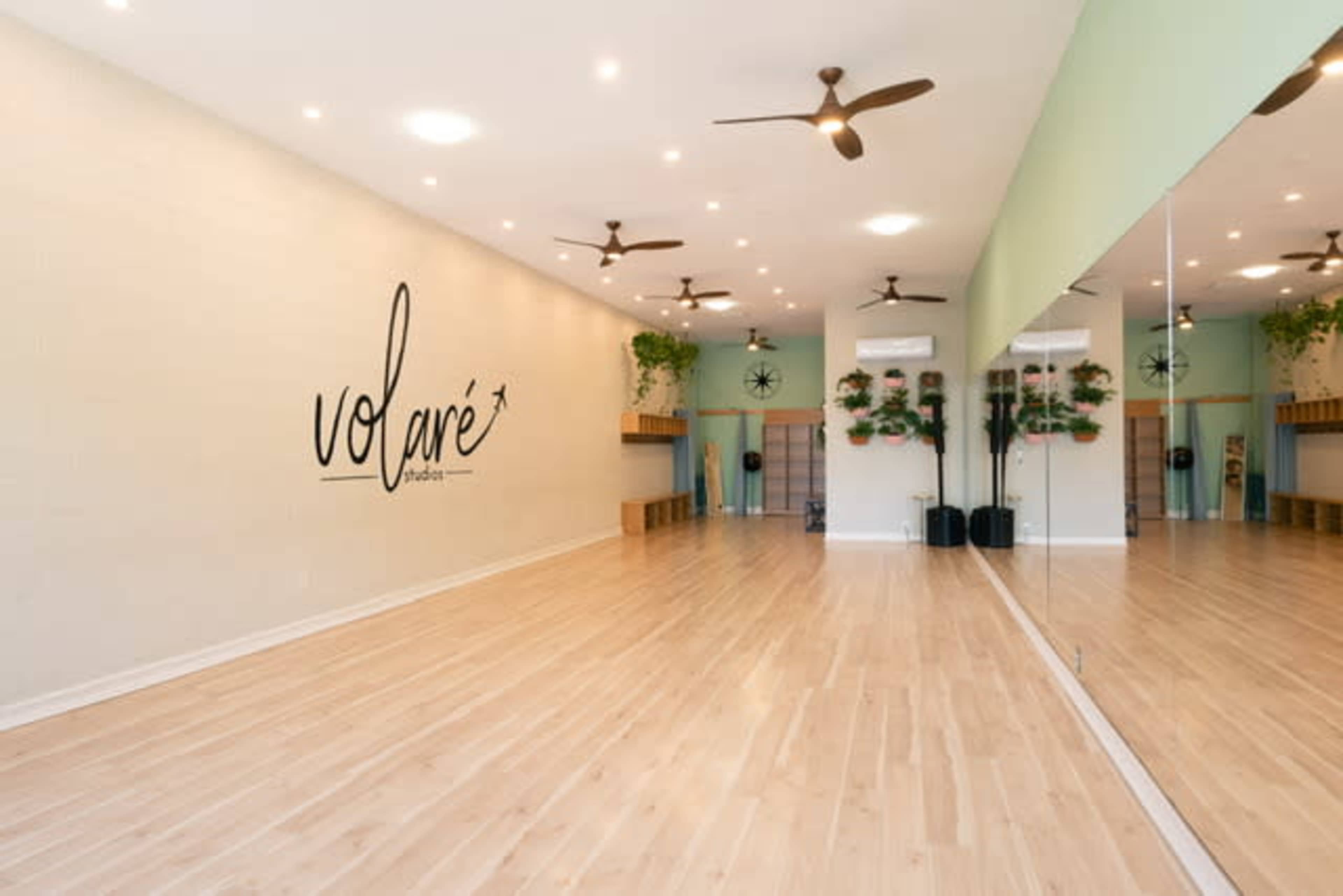 The image shows a spacious, well-lit studio with wooden flooring, a large mirror, and wall-mounted greenery, featuring the word "volaré" prominently displayed on one wall.