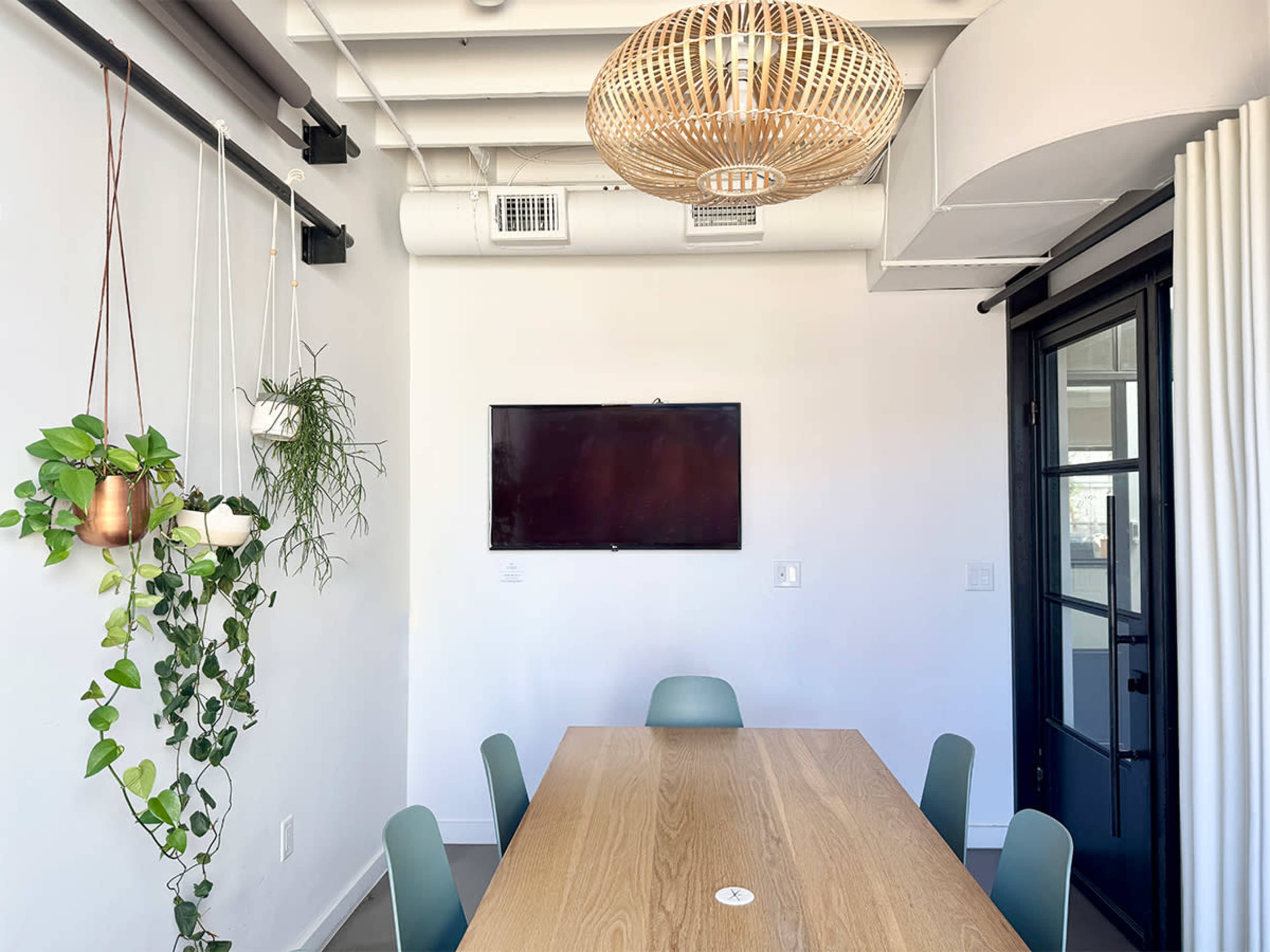A conference room features a wooden table surrounded by green chairs, with plants hanging on the walls and a television mounted on the back wall.