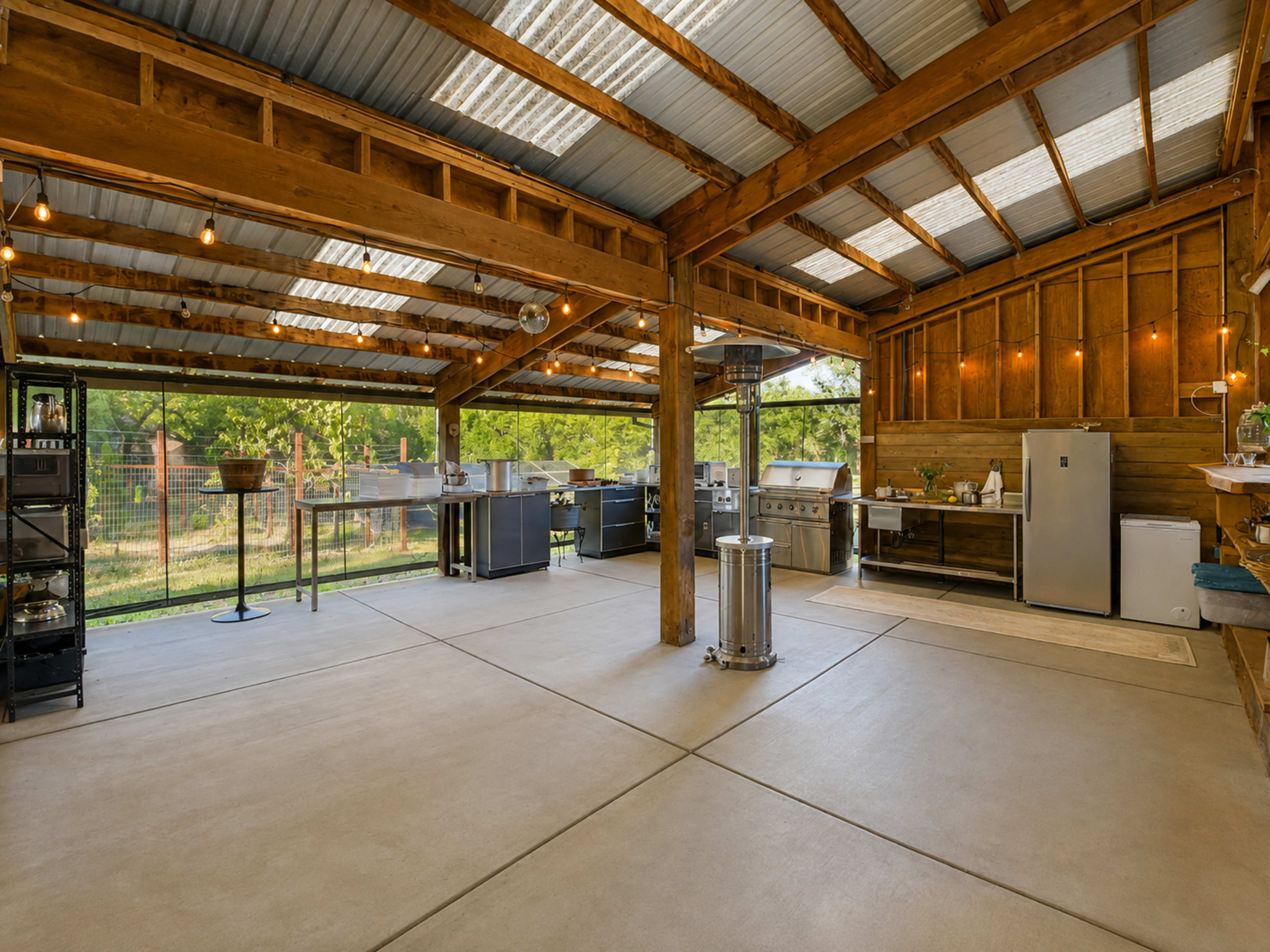 The image shows an open-air kitchen space with a concrete floor, wooden beams, and various kitchen appliances arranged along one side.