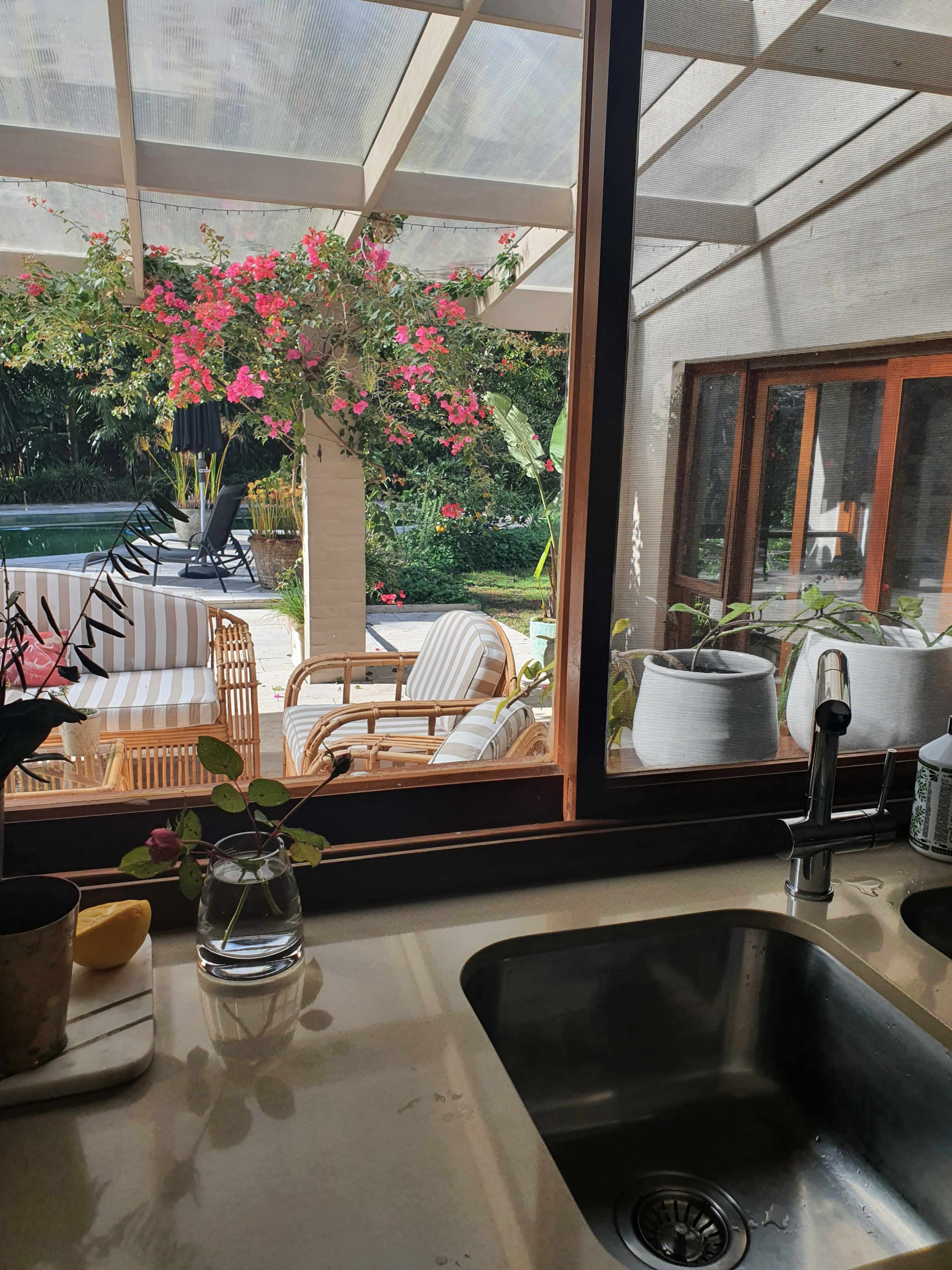 A kitchen sink with a view of a patio area filled with potted plants and outdoor furniture.
