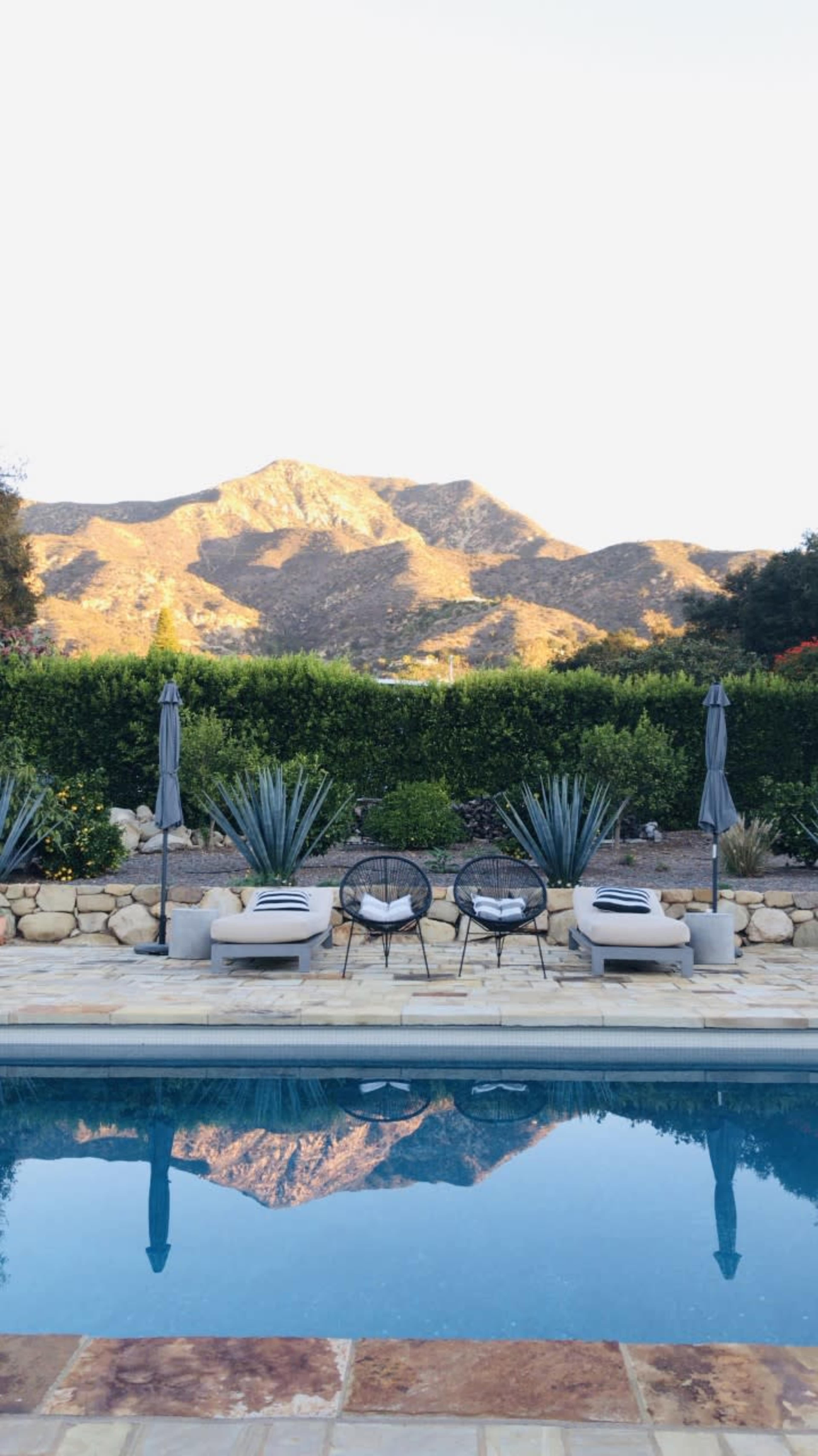 A swimming pool reflecting a mountain landscape, surrounded by lounge chairs and tall plants.