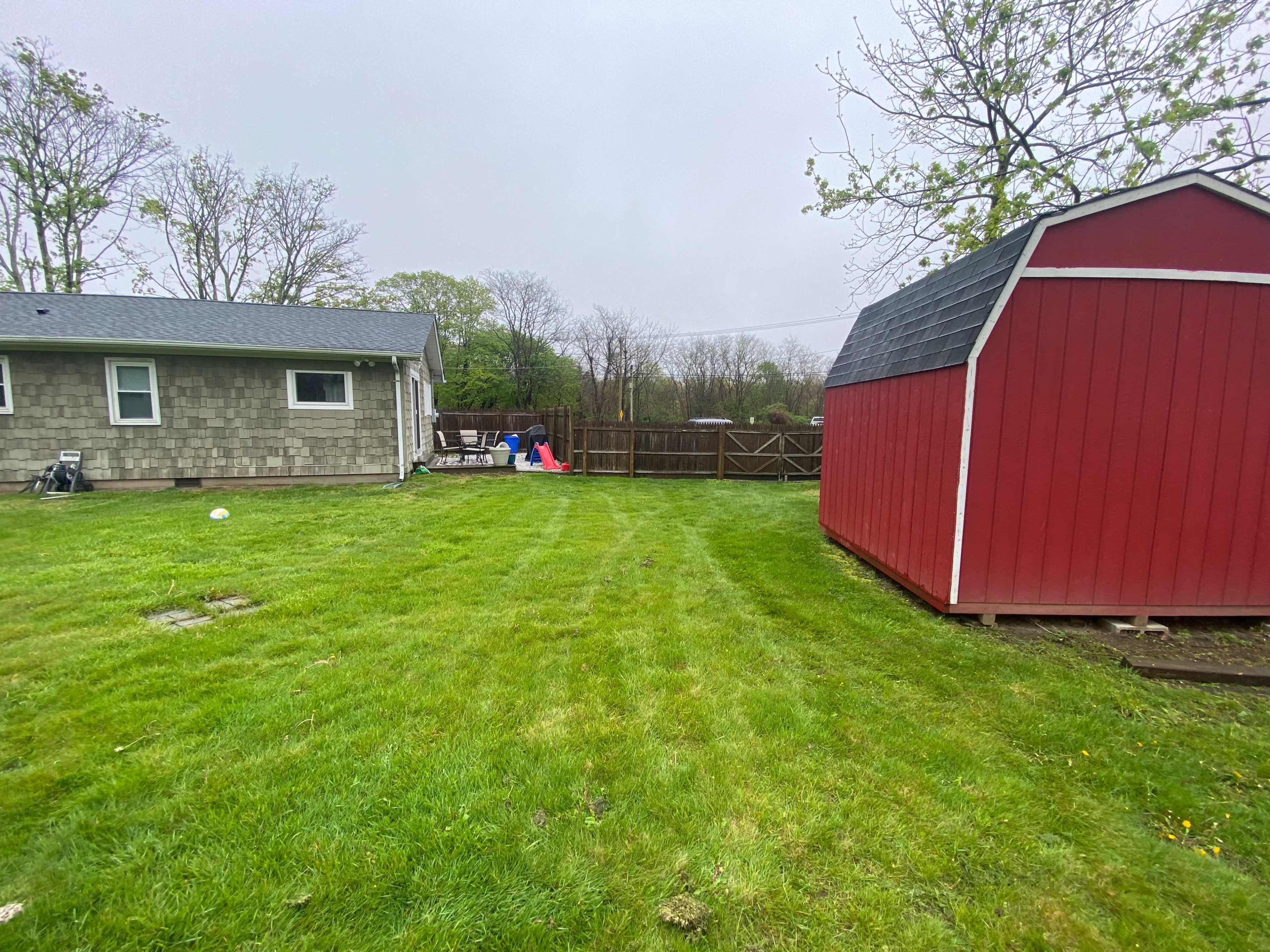 A grassy backyard with a red shed on the right and a gray house on the left, surrounded by trees under overcast skies.
