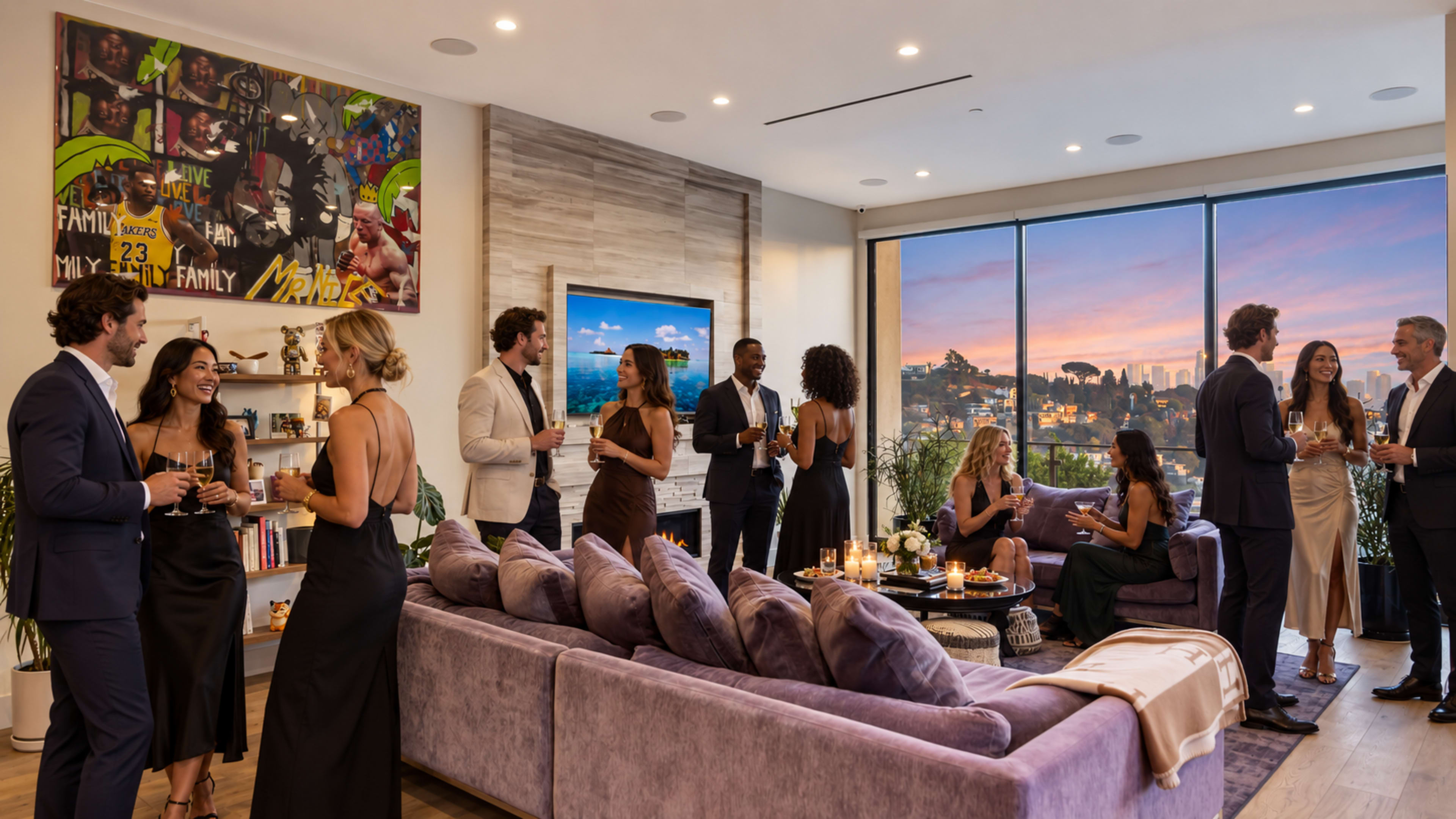A group of elegantly dressed individuals socialize at a contemporary apartment party with a city skyline view in the background.