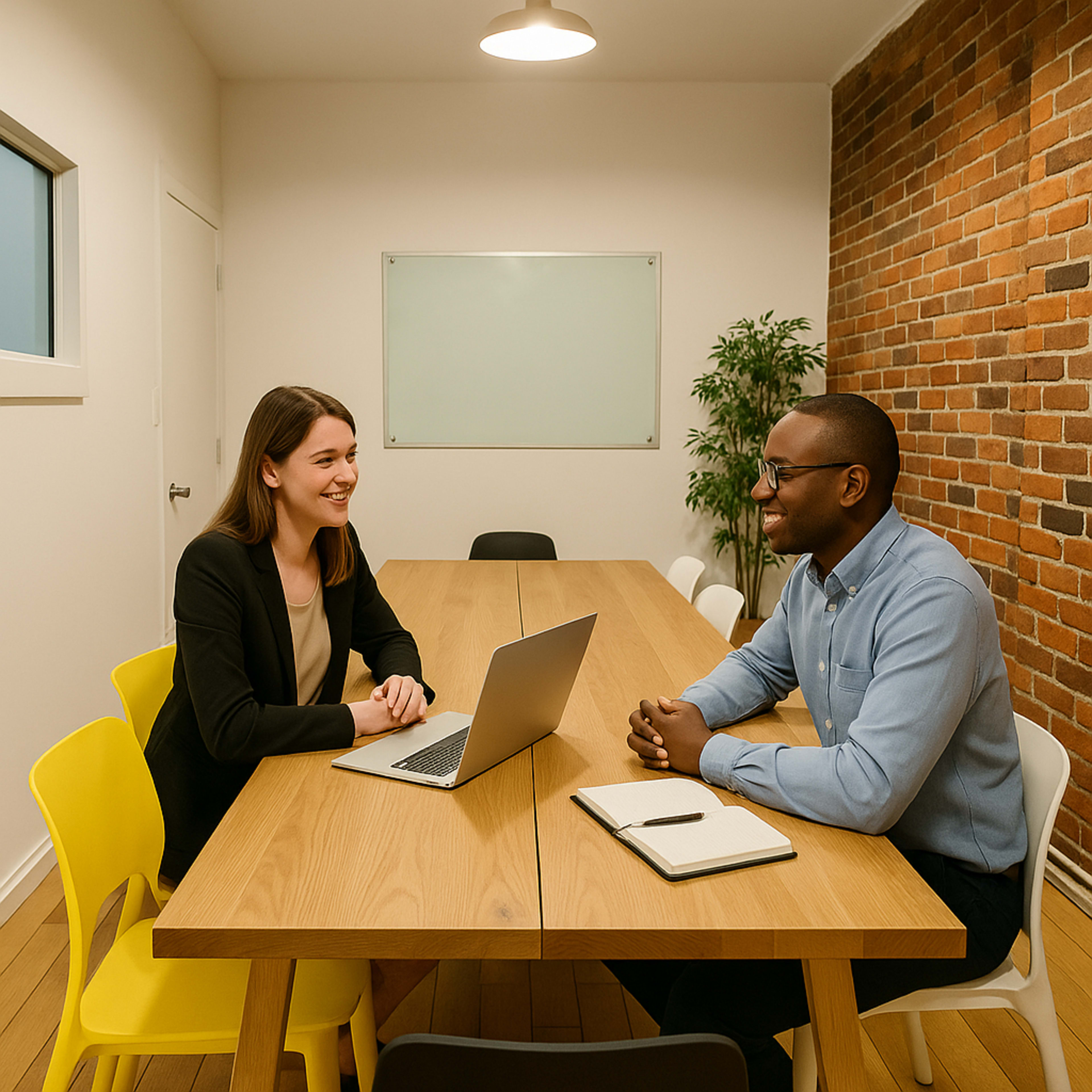 A woman and a man are sitting at a wooden table in a meeting room, facing each other with a laptop open between them.