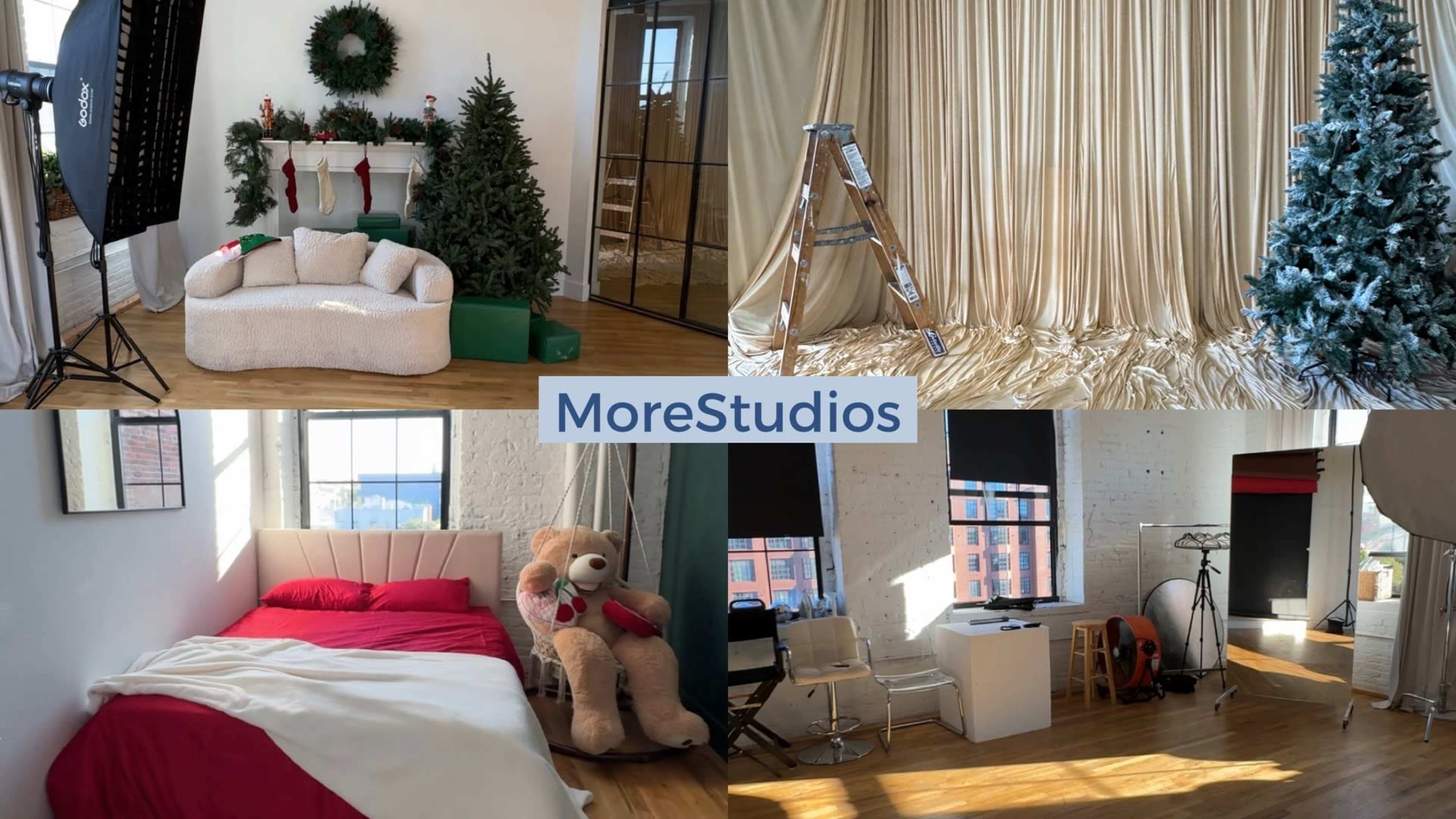 The image displays a studio space featuring decorated Christmas trees, a cozy seating area, a backdrop setup, and a bedroom scene with a large teddy bear.