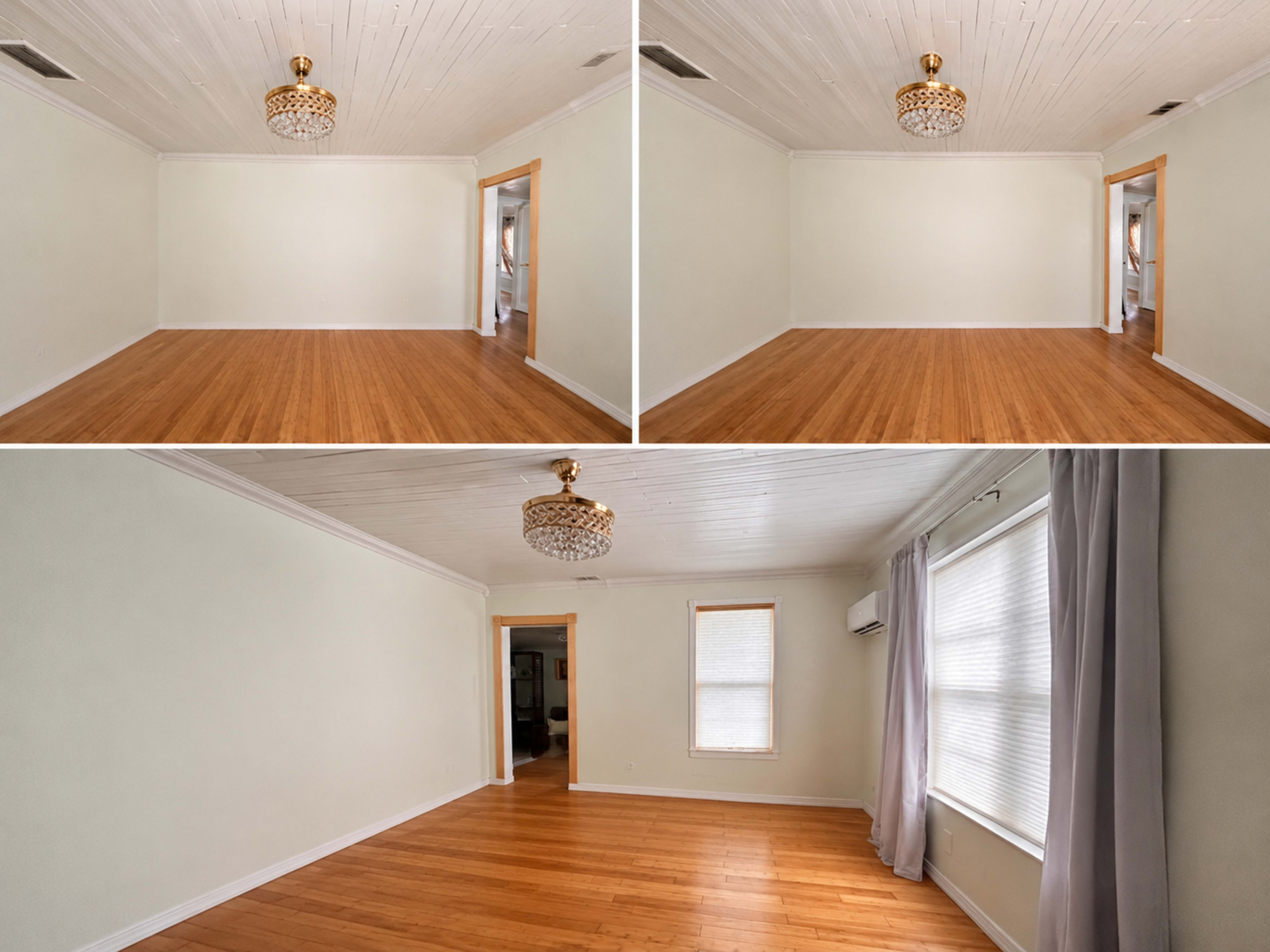 The images depict a vacant room with wooden floors, a chandelier, and one large window with curtains.