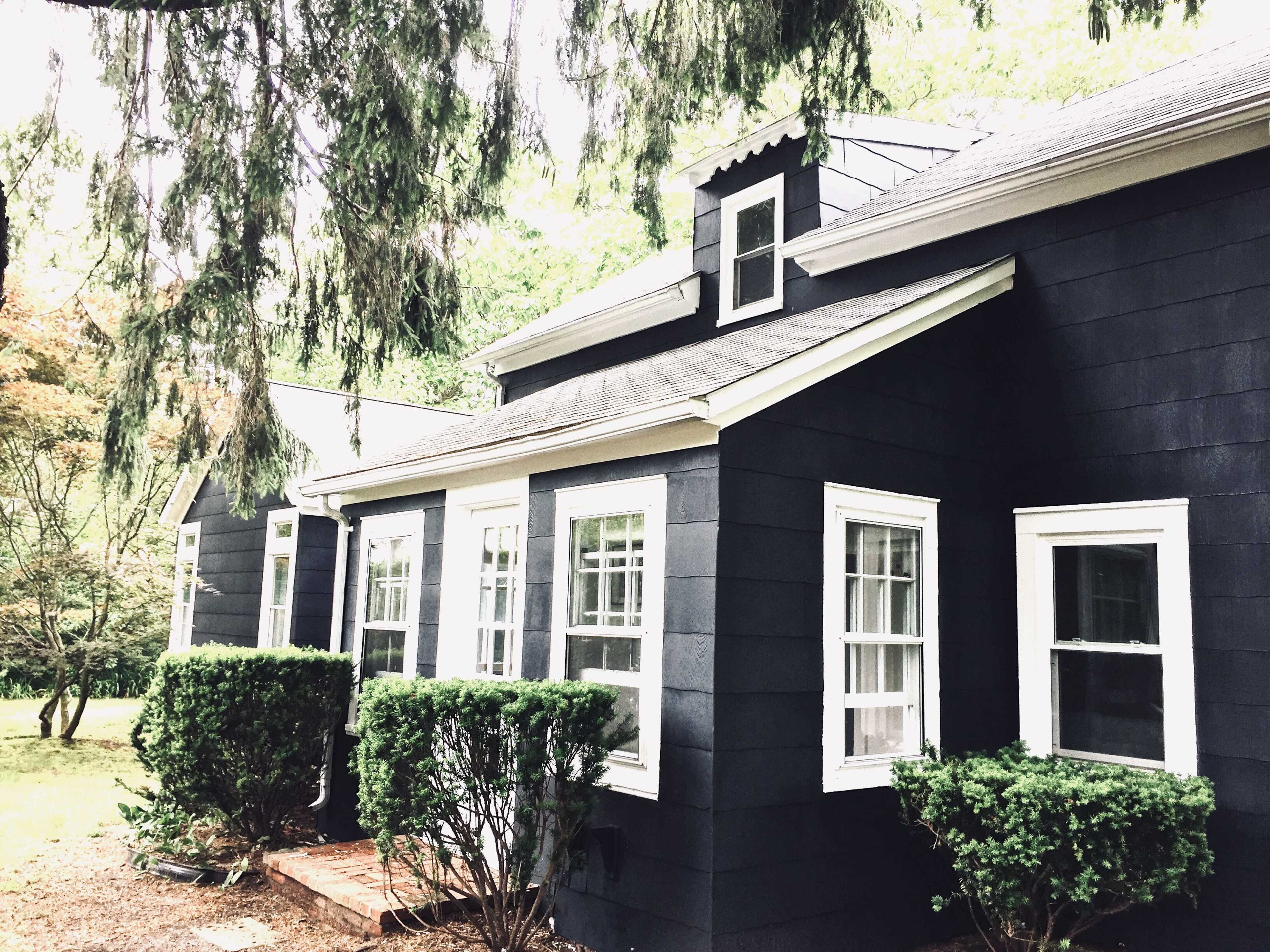 A dark-colored house with white trim features several windows and is bordered by neatly trimmed bushes.