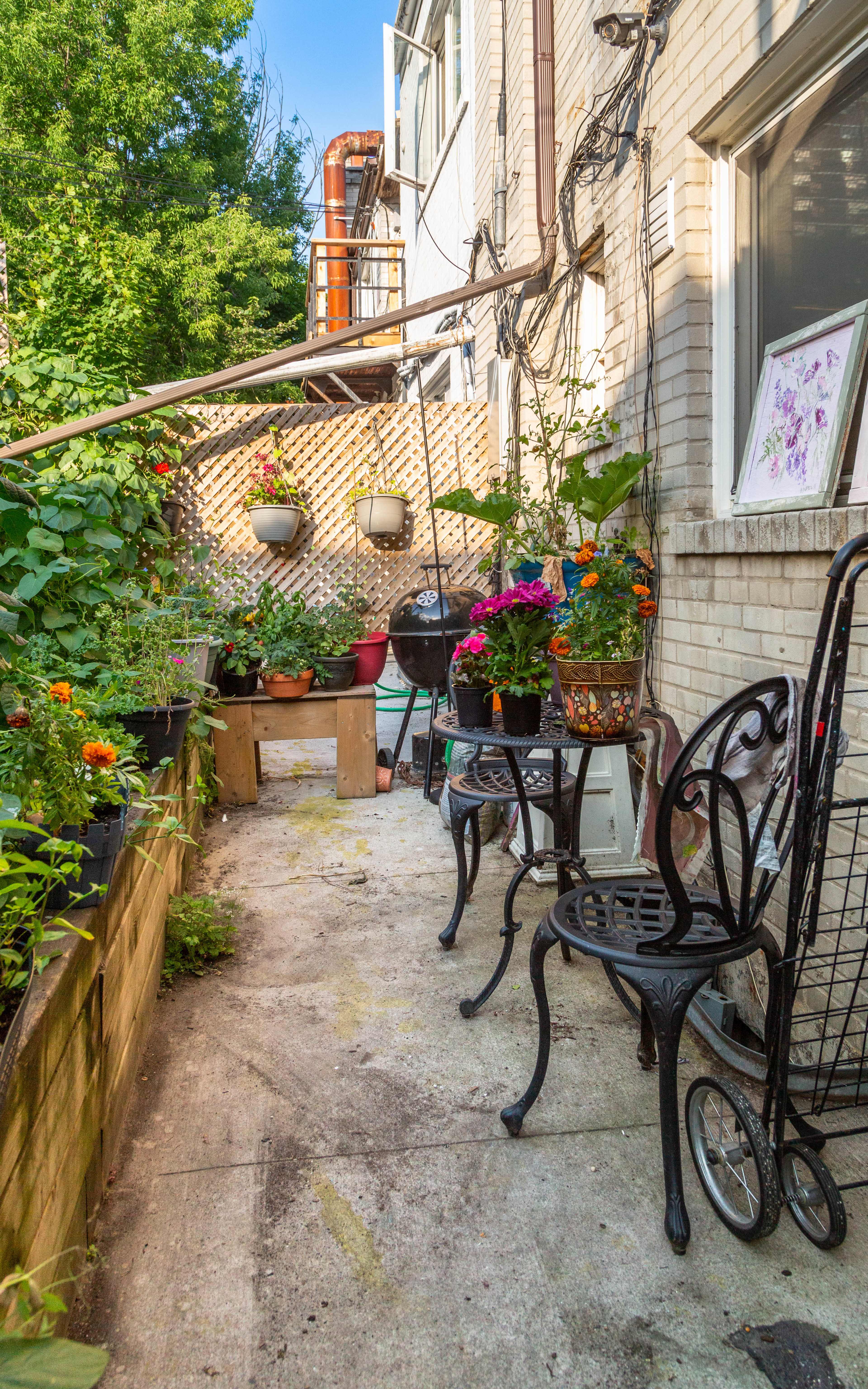 A narrow walkway lined with potted plants and flowers leads to a corner with a grill and a couple of chairs against a brick wall.