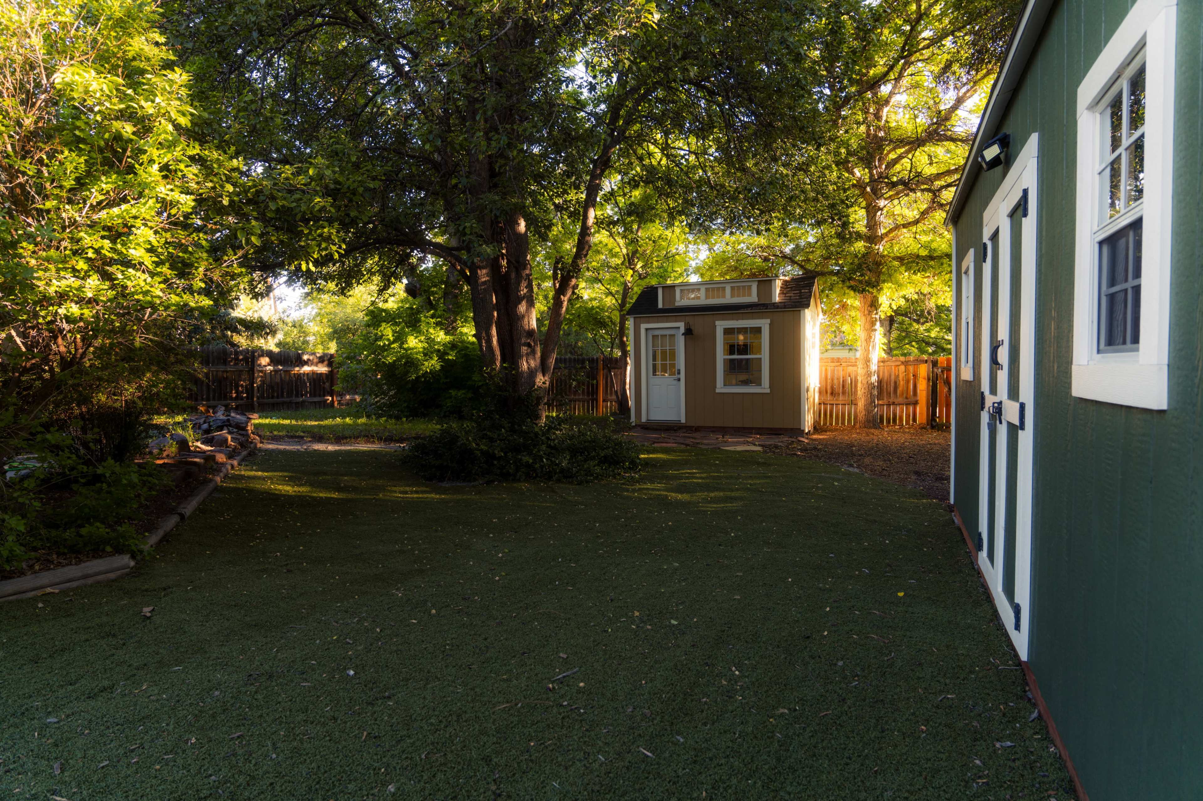 The image shows a green backyard with two small sheds and lush trees surrounding the area.