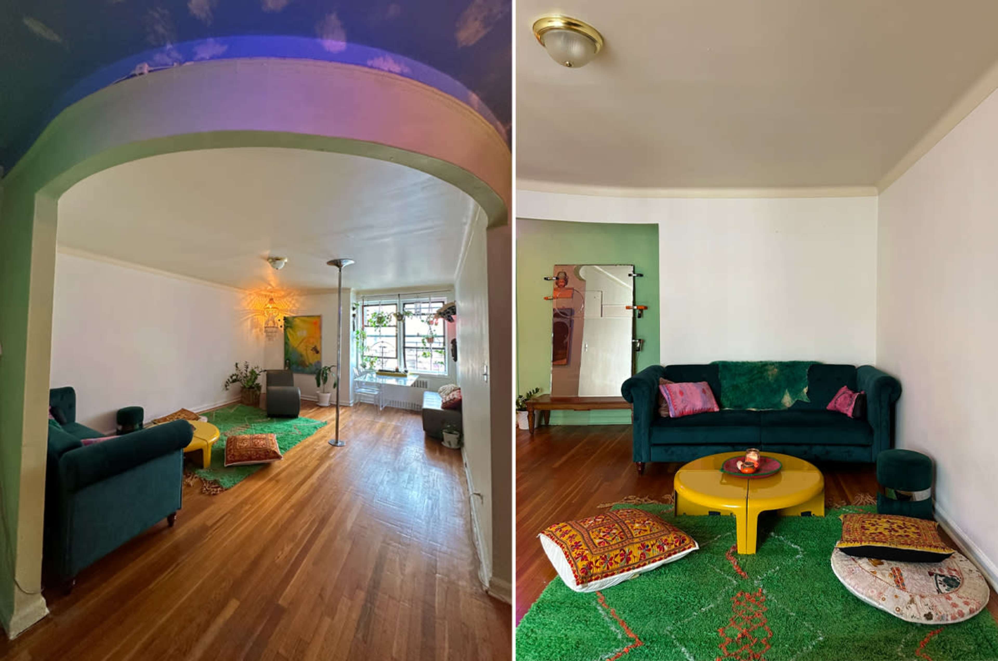 The image shows a cozy room with hardwood floors, featuring a green couch, a round coffee table, and decor elements like pillows and plants.