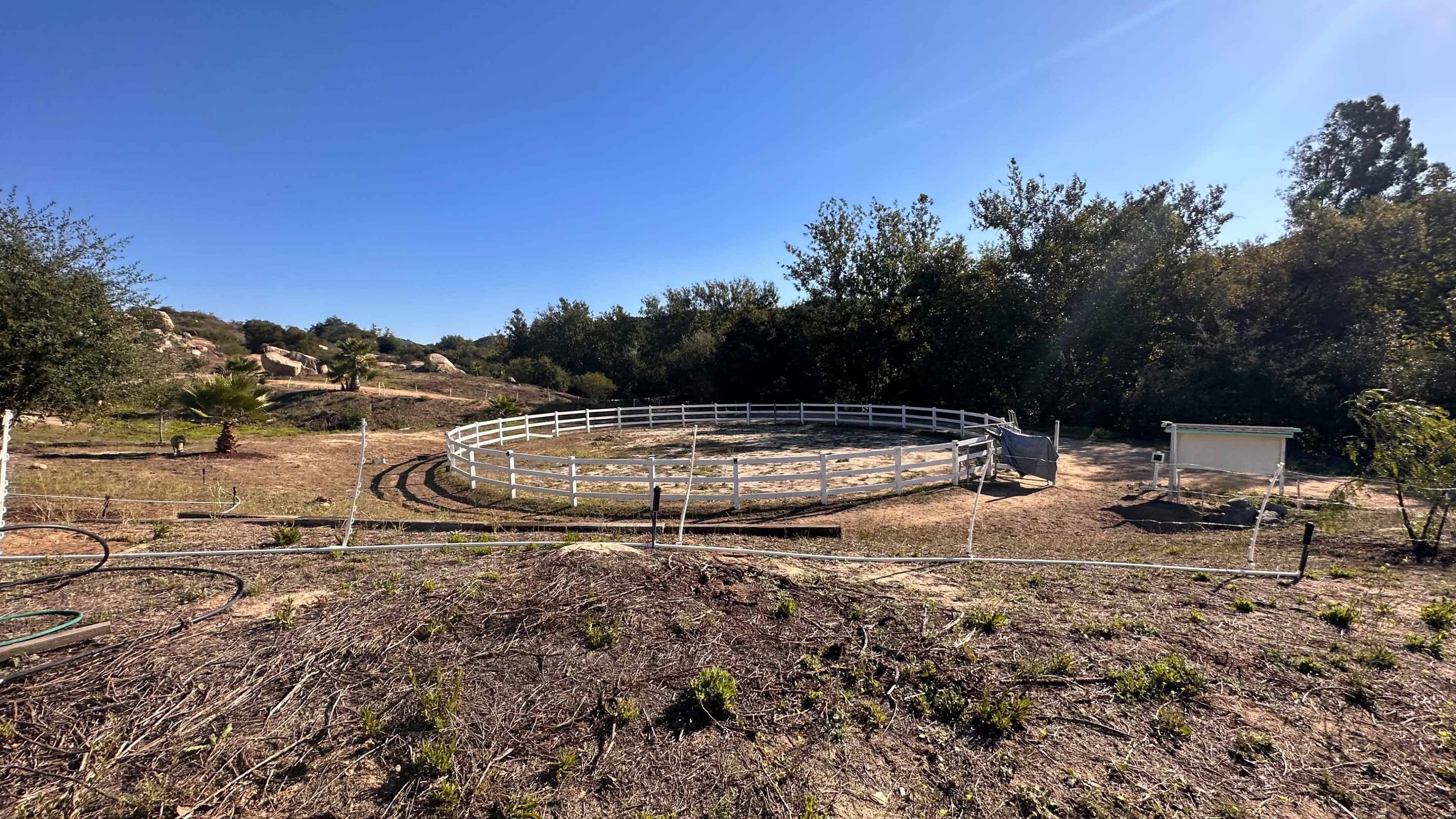 A circular horse riding arena surrounded by trees and rocky terrain under a clear blue sky.