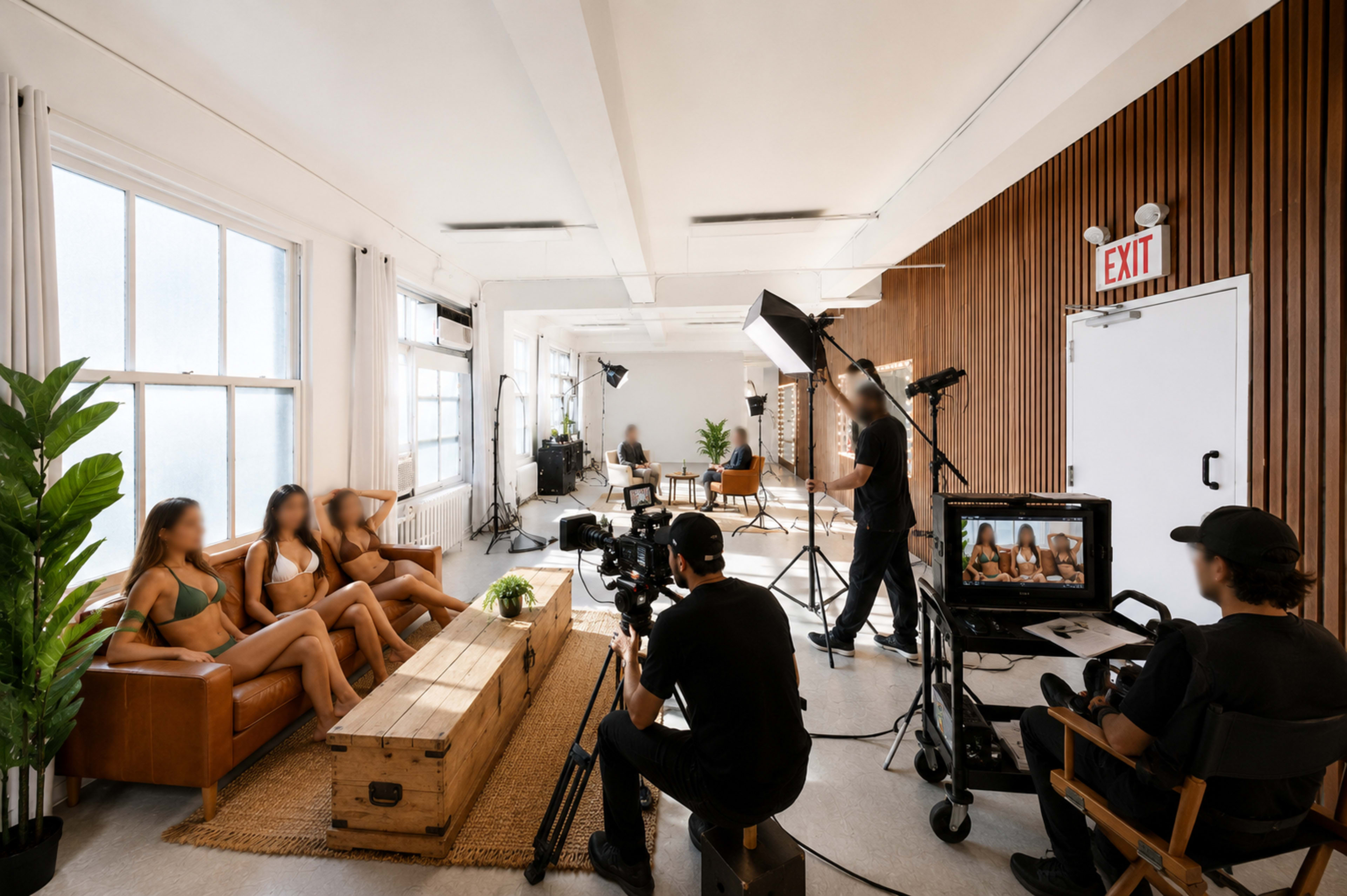 A film crew sets up a photoshoot in a spacious studio, featuring four models seated on a couch while a camera captures the scene.