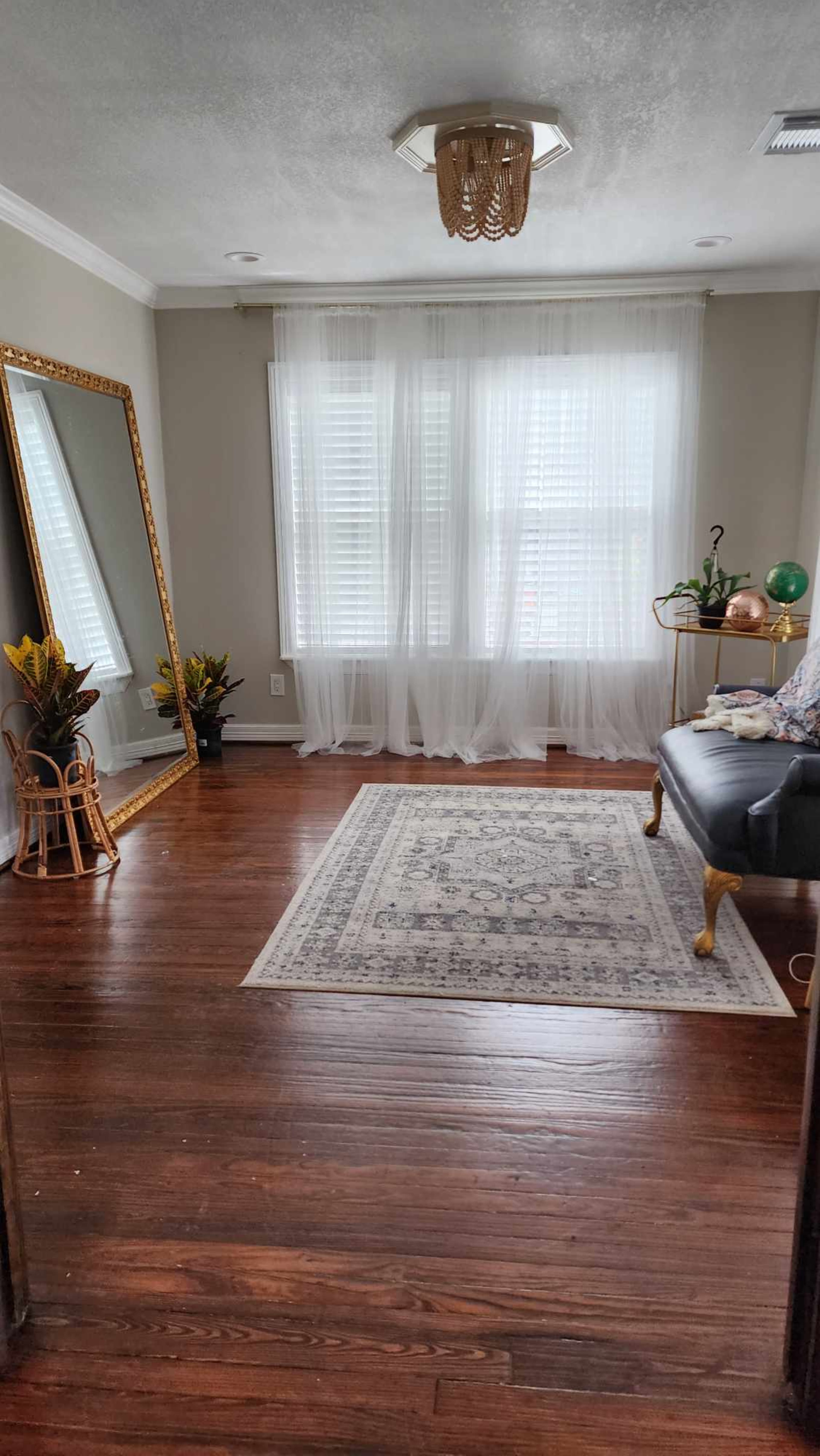 A spacious living area features a large mirror, a dark sofa, and a decorative rug on hardwood flooring, with light filtering through sheer curtains.
