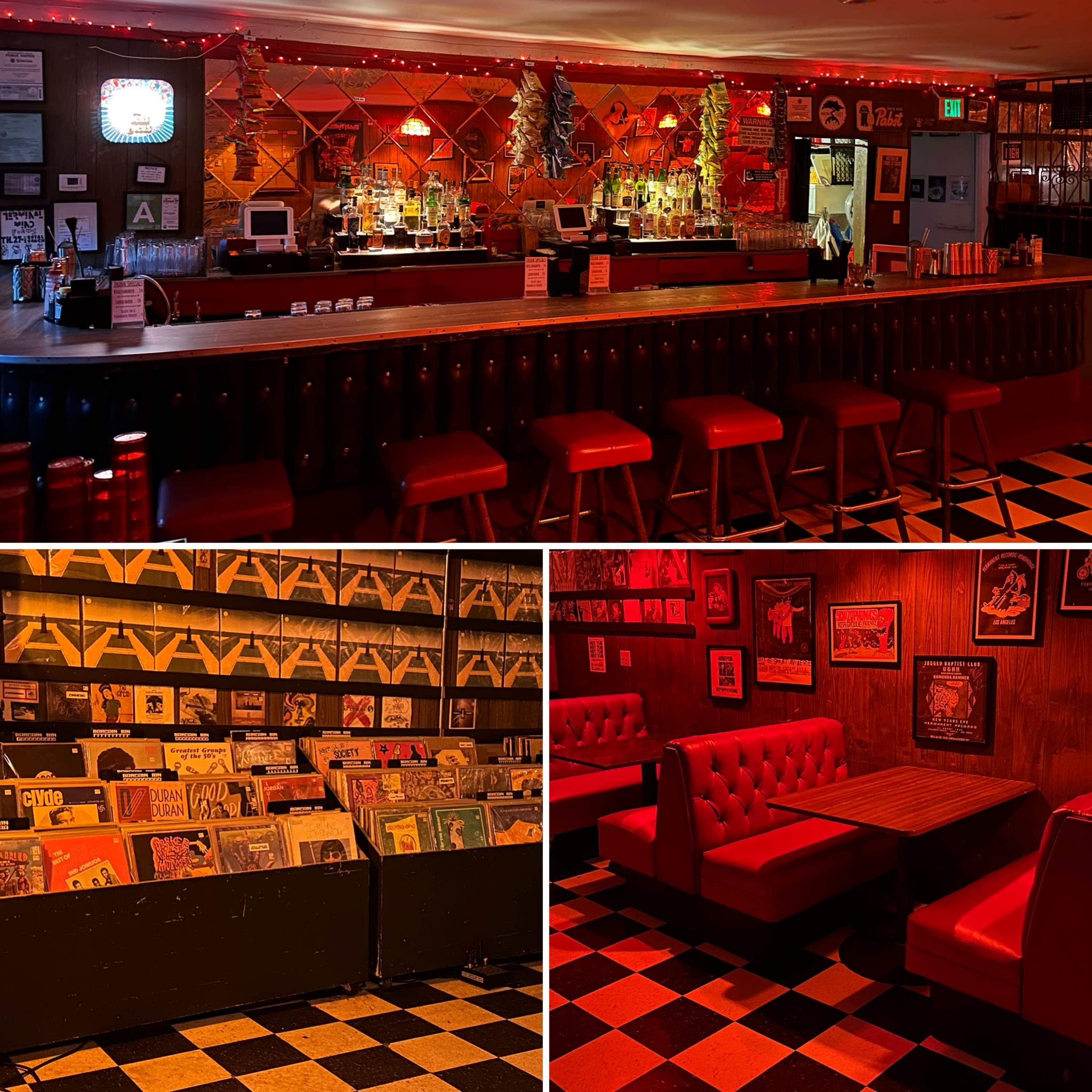 The image shows a dimly lit bar with a red color scheme, featuring a long counter, bar stools, and a section displaying vinyl records against a checkered floor.