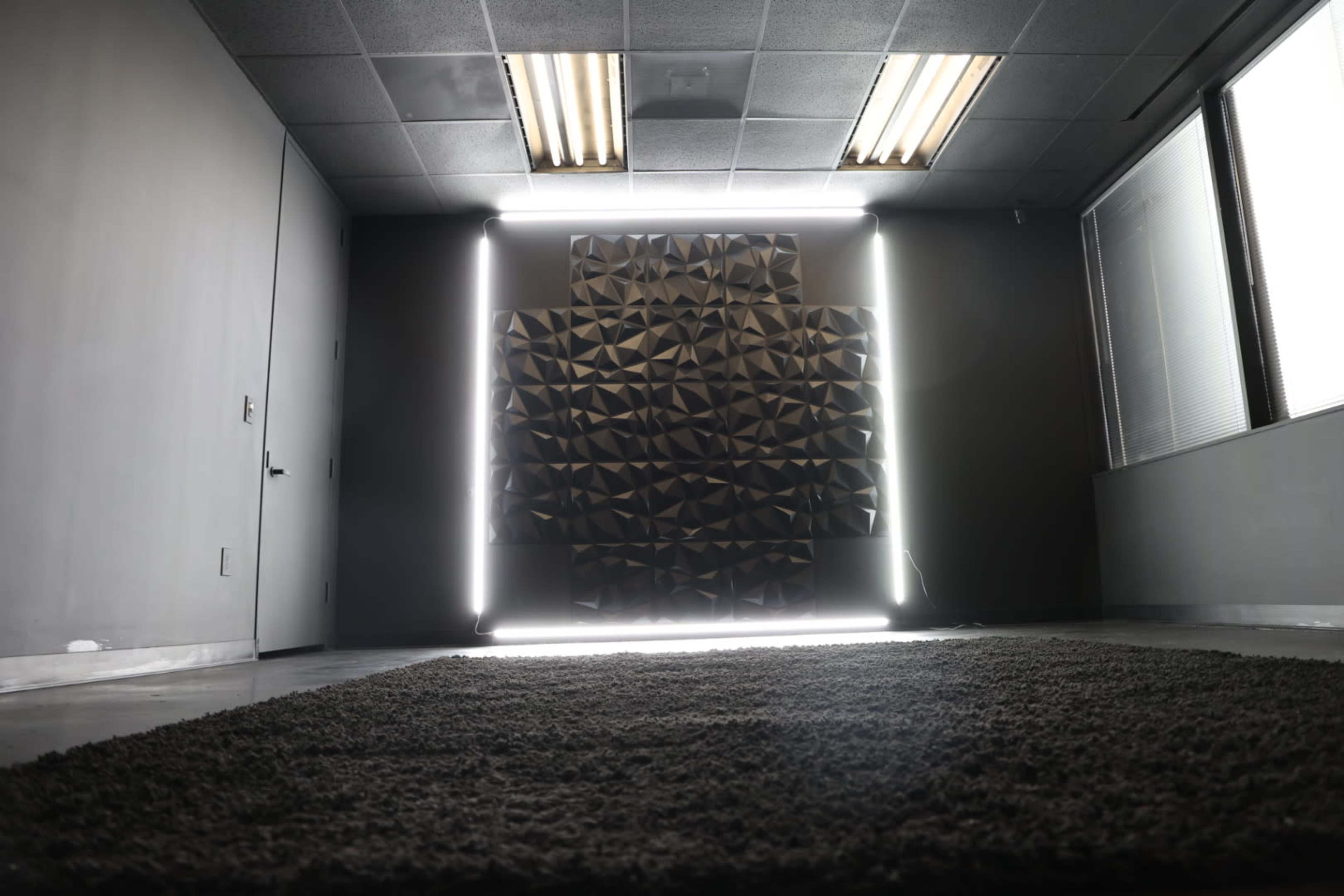 A room with a dark, textured wall illuminated by bright rectangular lights, and a large, plush rug on the floor.