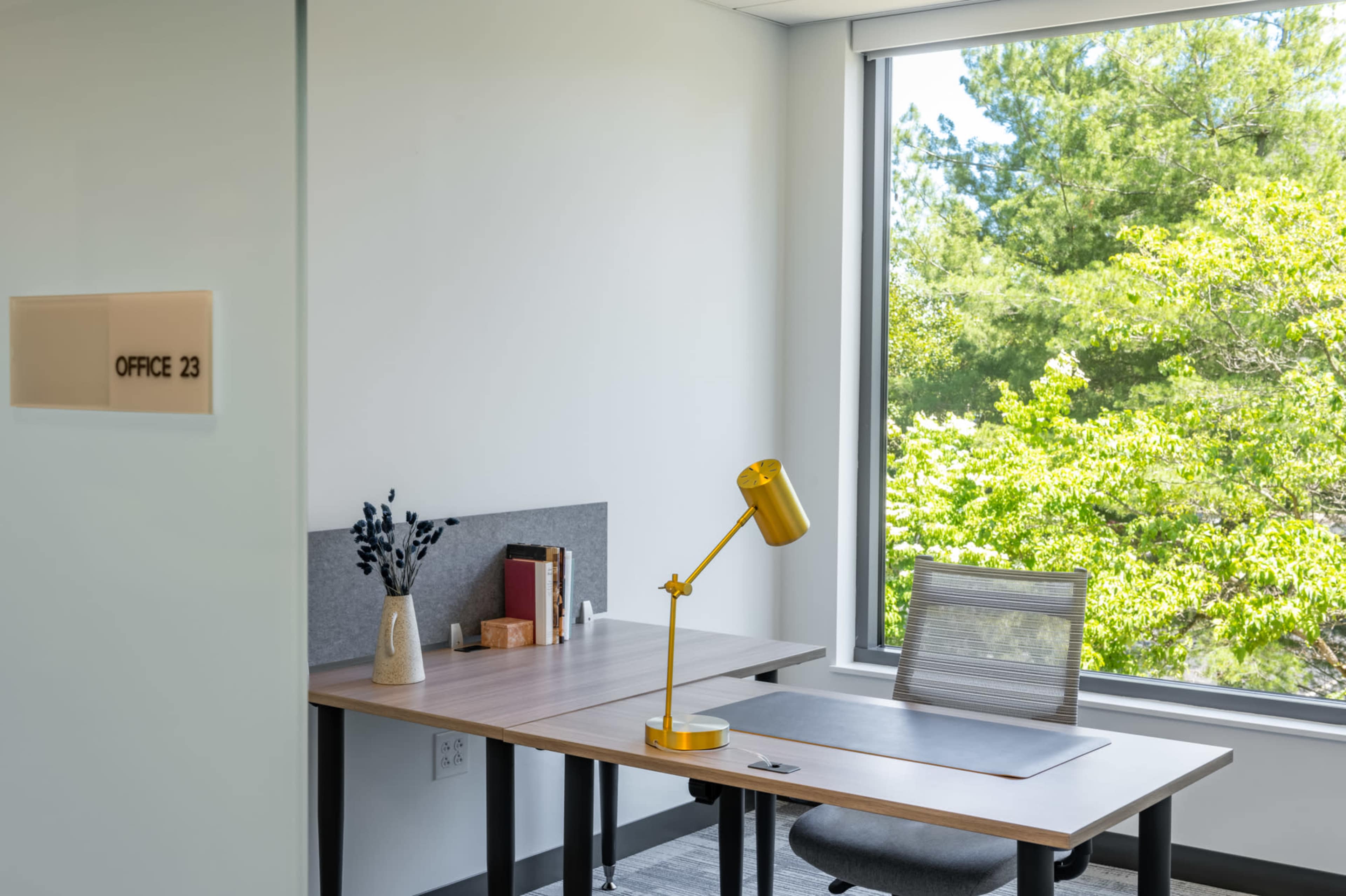 A modern office space features a wooden desk with a yellow lamp and a window overlooking greenery.