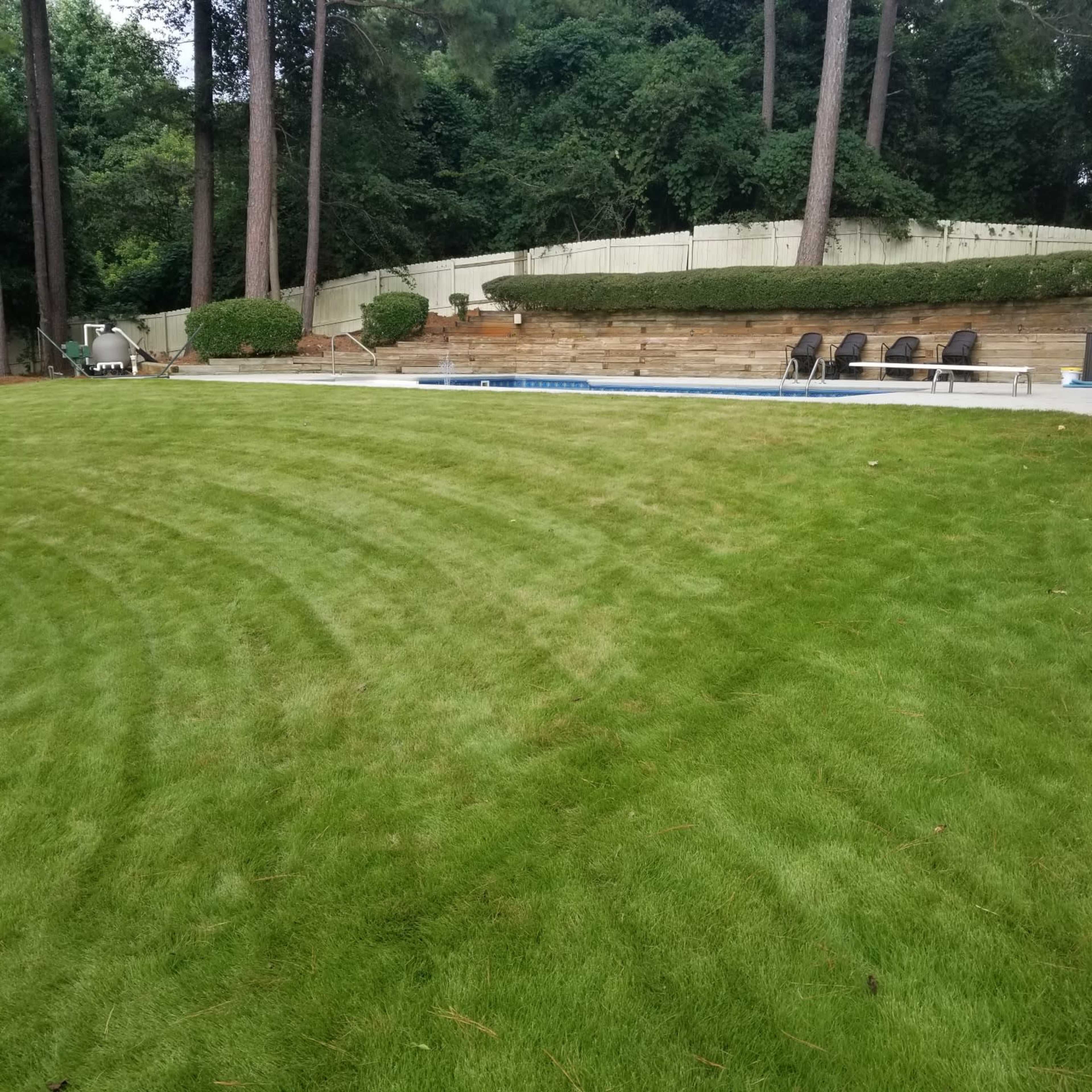 The image shows a neatly mowed lawn leading to a pool area surrounded by bushes and several lounge chairs.