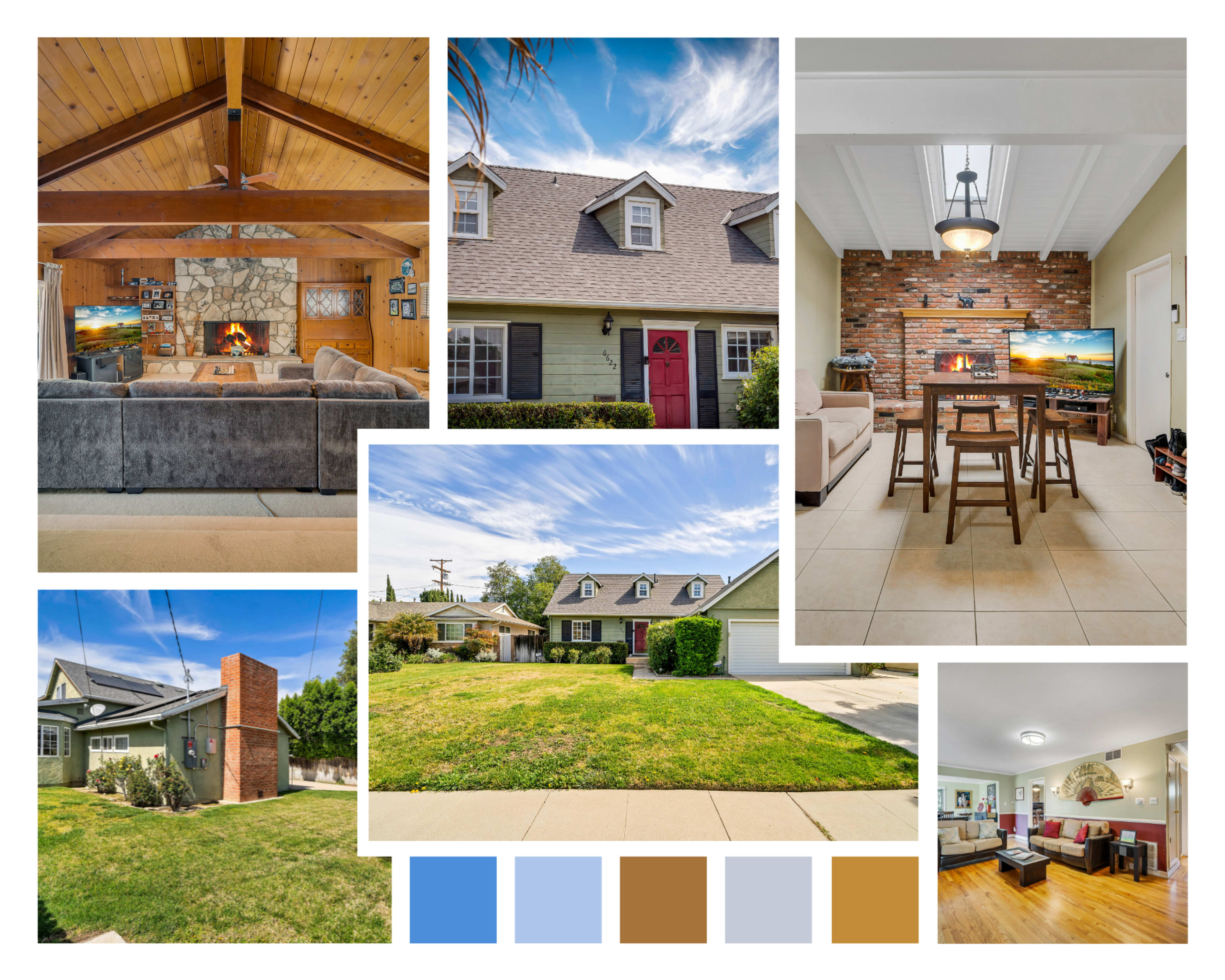 A collage of various residential interiors and exteriors, showcasing living spaces, front yards, and architectural details.