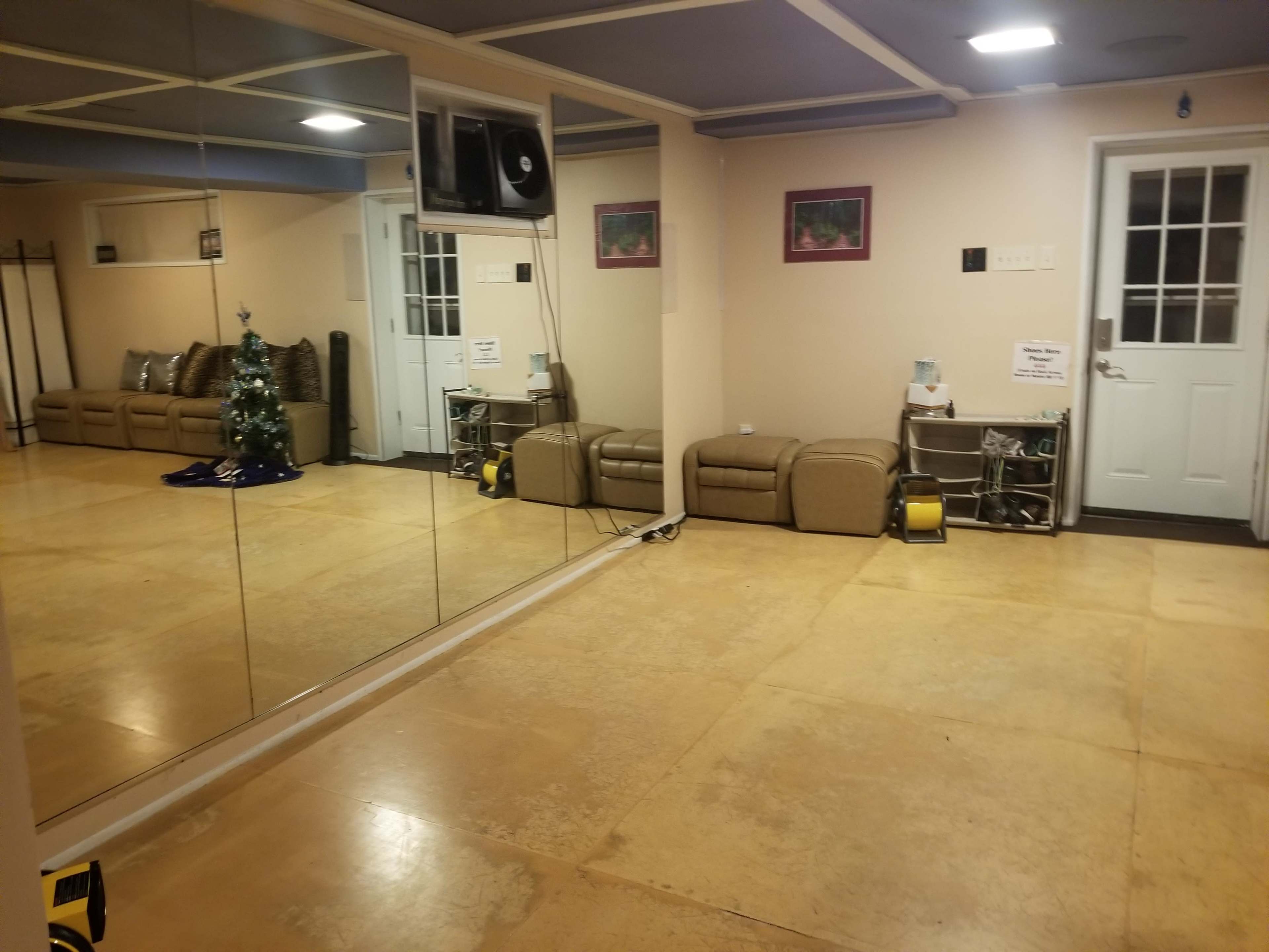 A room with a mirrored wall, a couch, a small Christmas tree, and a door leading outside.